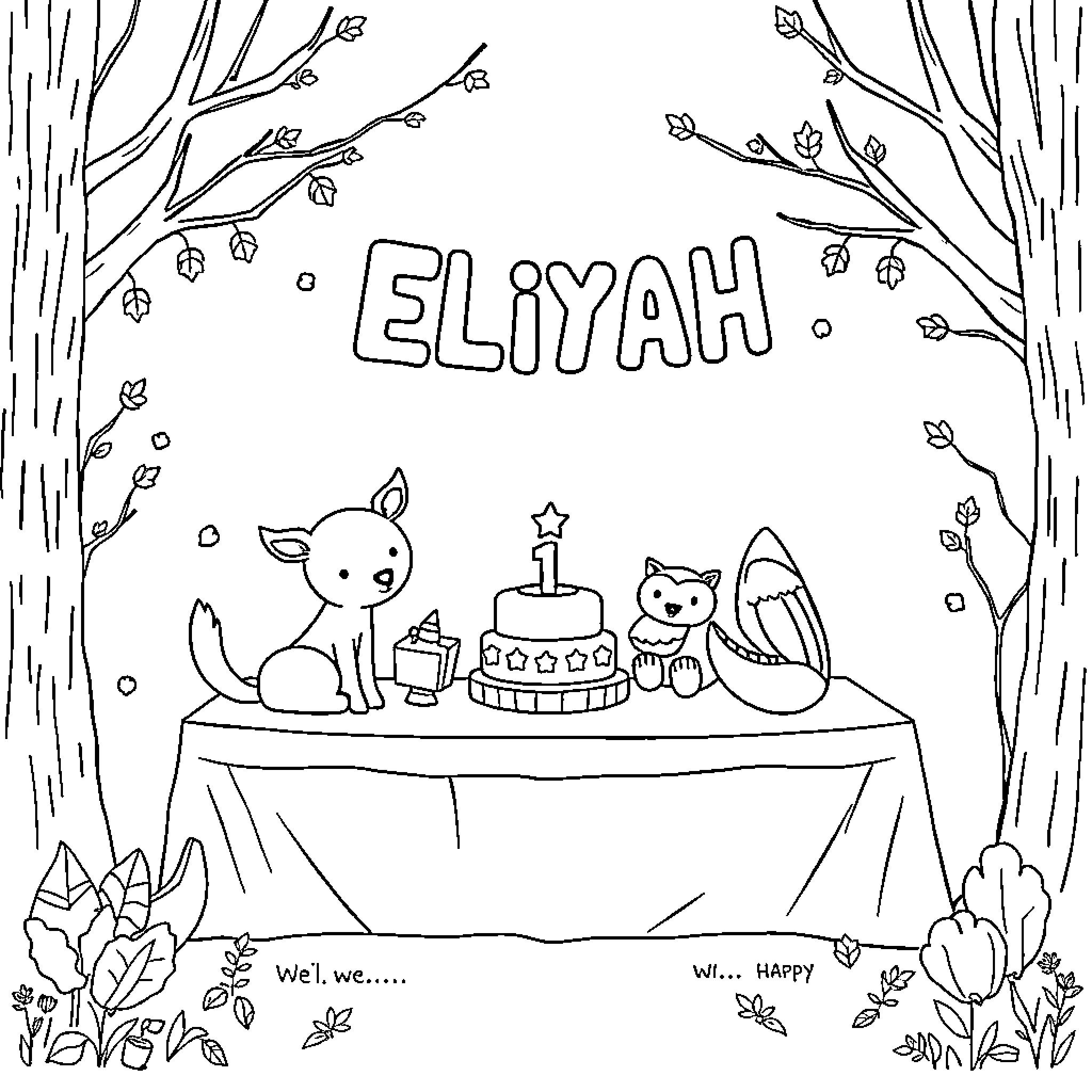 Woodland Creatures Celebrating a Birthday Coloring Page (free black-and-white line drawing printable PDF for all, from beginners to advanced learners, including children, teens, adults, and seniors)