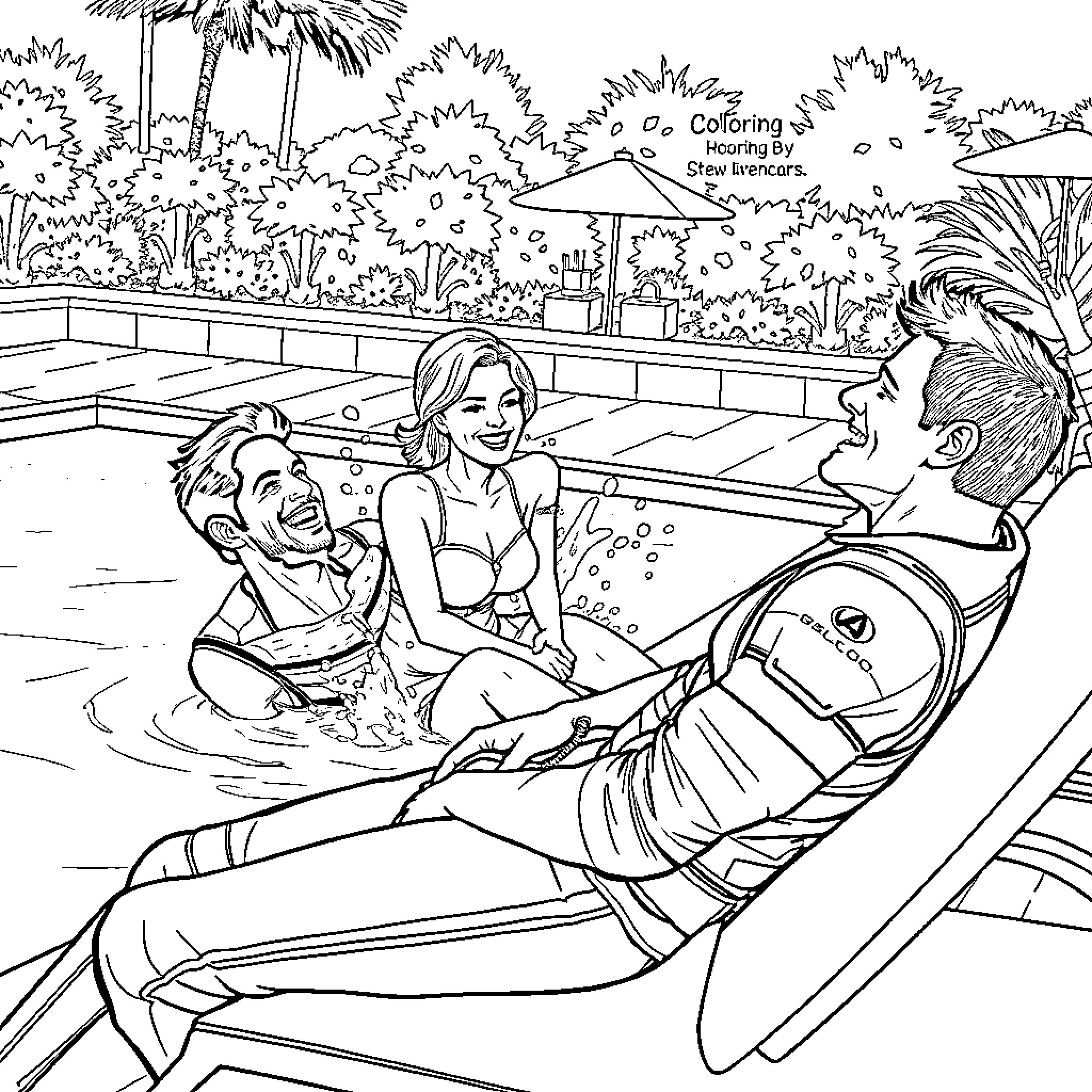 Bucky Barnes enjoys a relaxing day by the pool Coloring Page (free black-and-white line drawing printable PDF for all, from beginners to advanced learners, including children, teens, adults, and seniors)