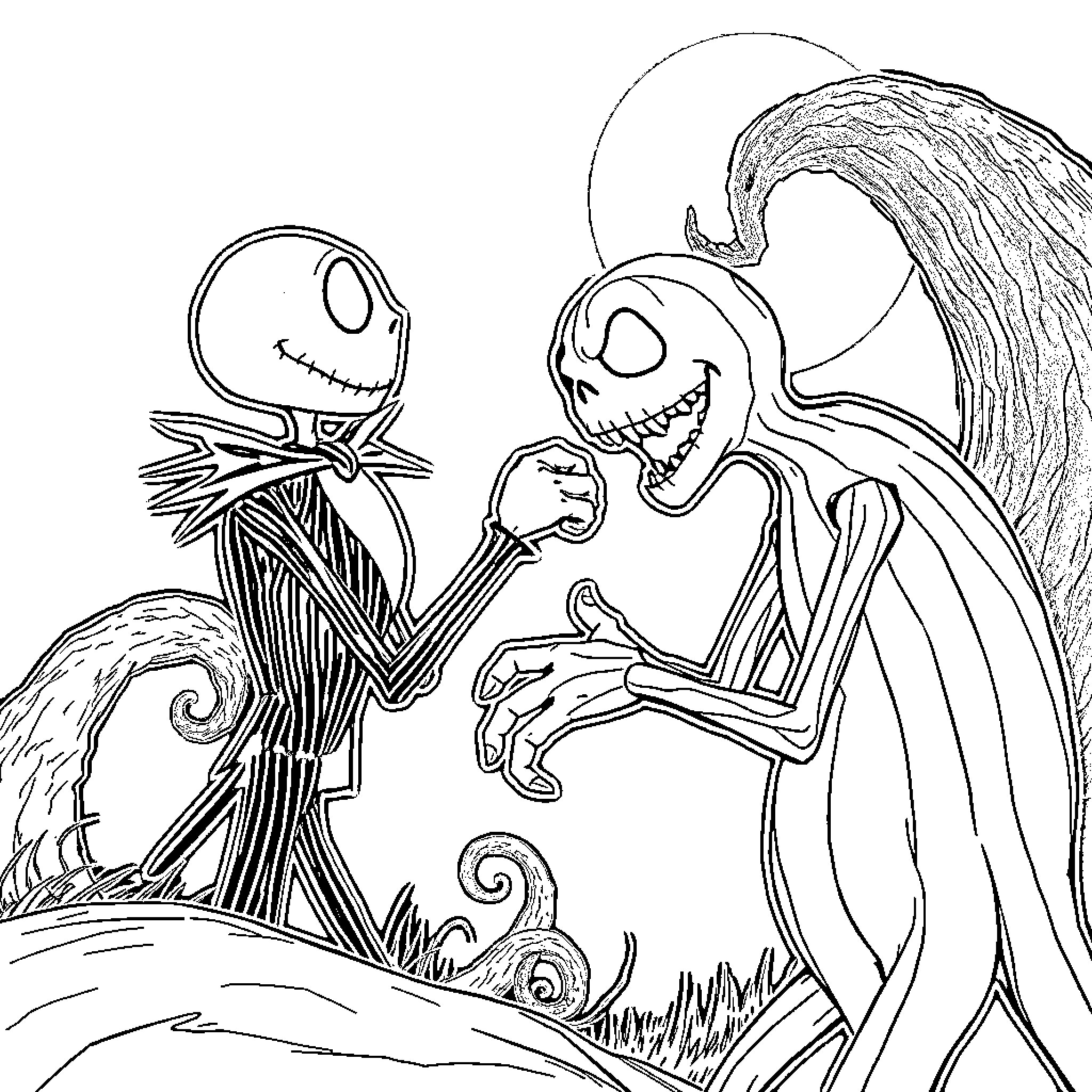 Jack Skellington and Sally Enjoying Halloween Mischief Coloring Page (free black-and-white line drawing printable PDF for all, from beginners to advanced learners, including children, teens, adults, and seniors)
