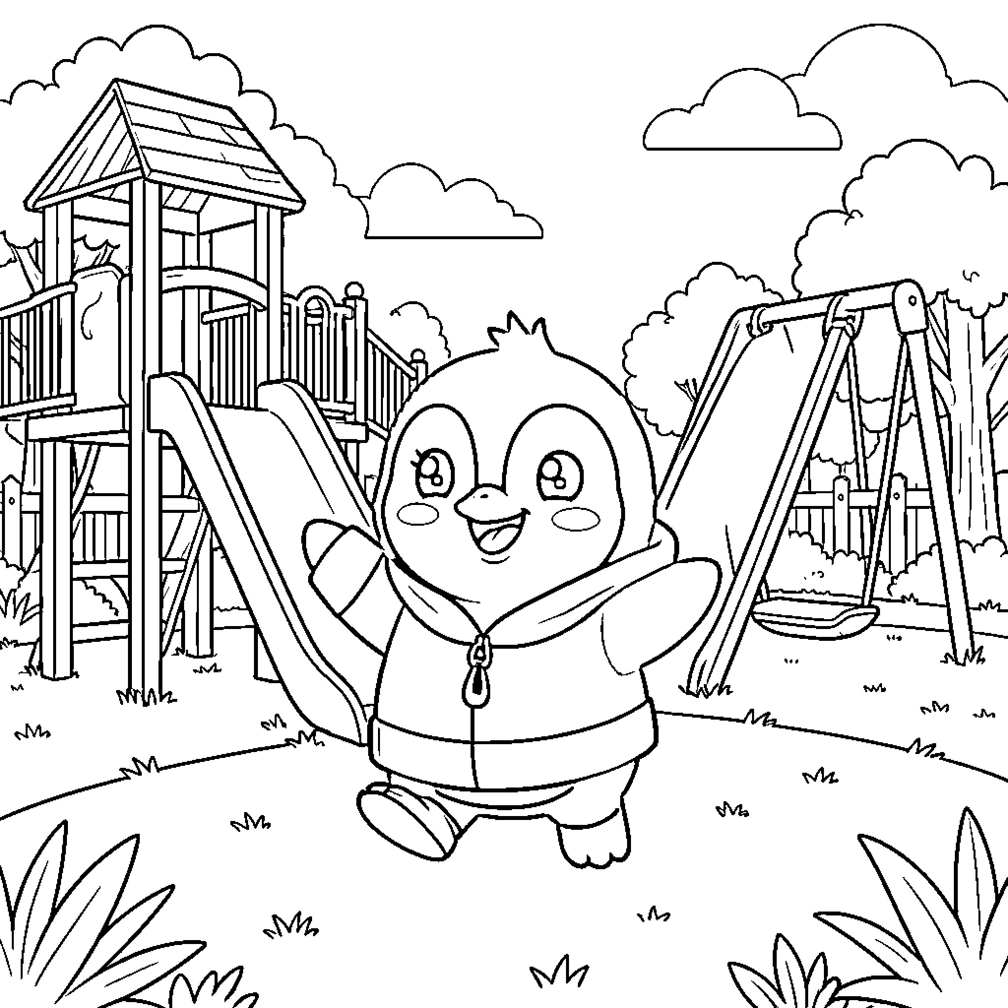 Tchoupi playing happily on the playground Coloring Page (free black-and-white line drawing printable PDF for all, from beginners to advanced learners, including children, teens, adults, and seniors)