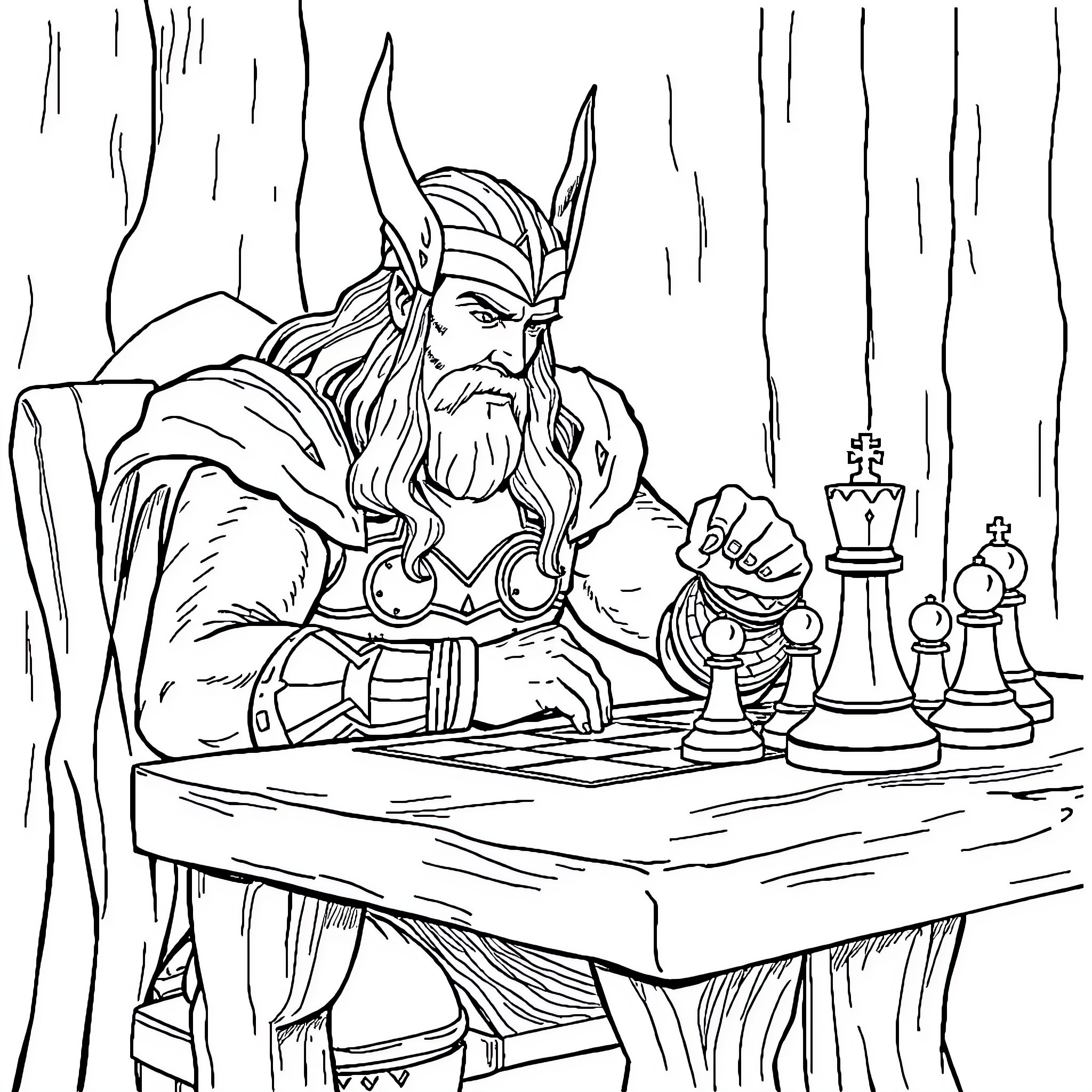 Thor playing a game of chess in the forest Coloring Page (free black-and-white line drawing printable PDF for all, from beginners to advanced learners, including children, teens, adults, and seniors)