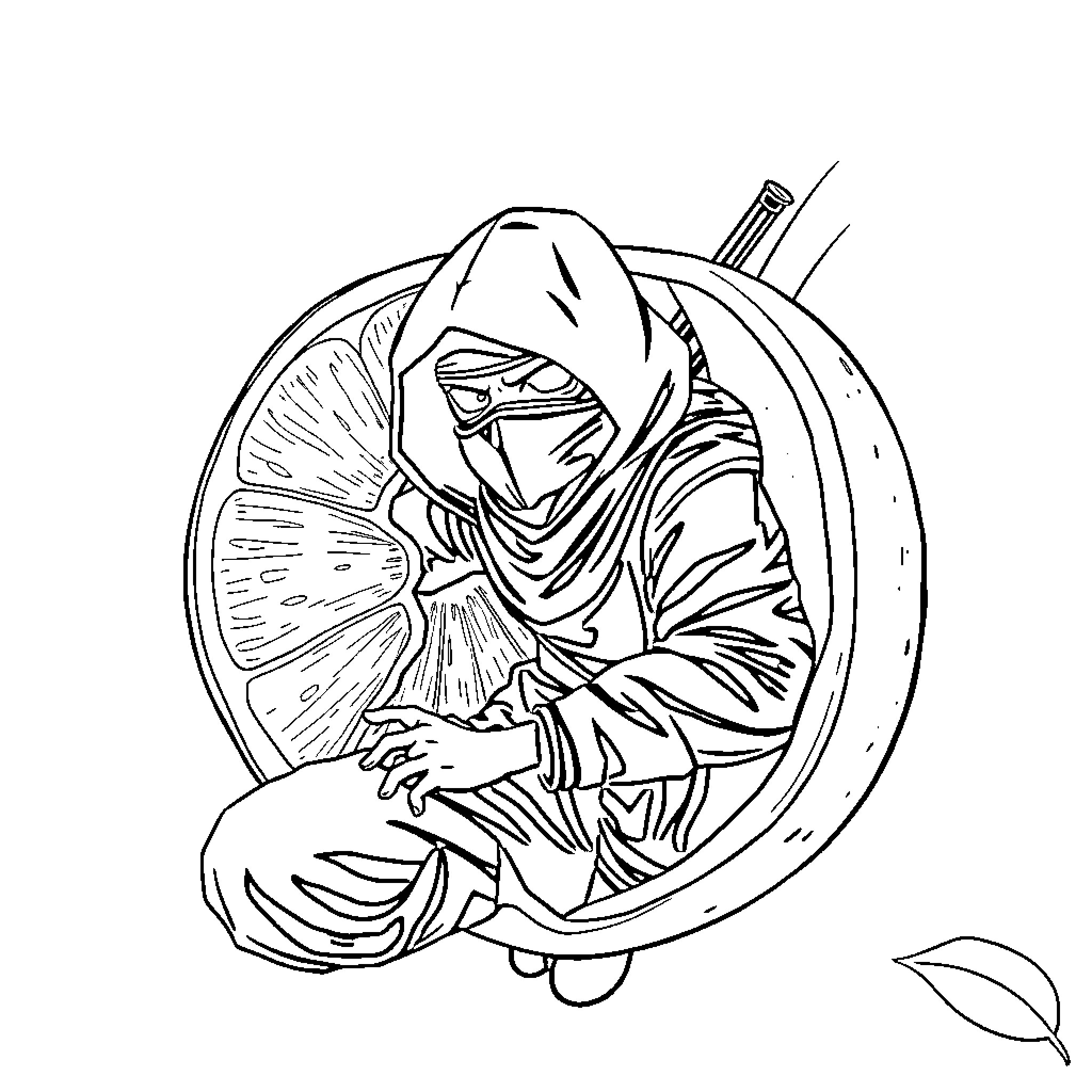 Ninja Wielding Katana in Ornate Frame Coloring Page (free black-and-white line drawing printable PDF for all, from beginners to advanced learners, including children, teens, adults, and seniors)