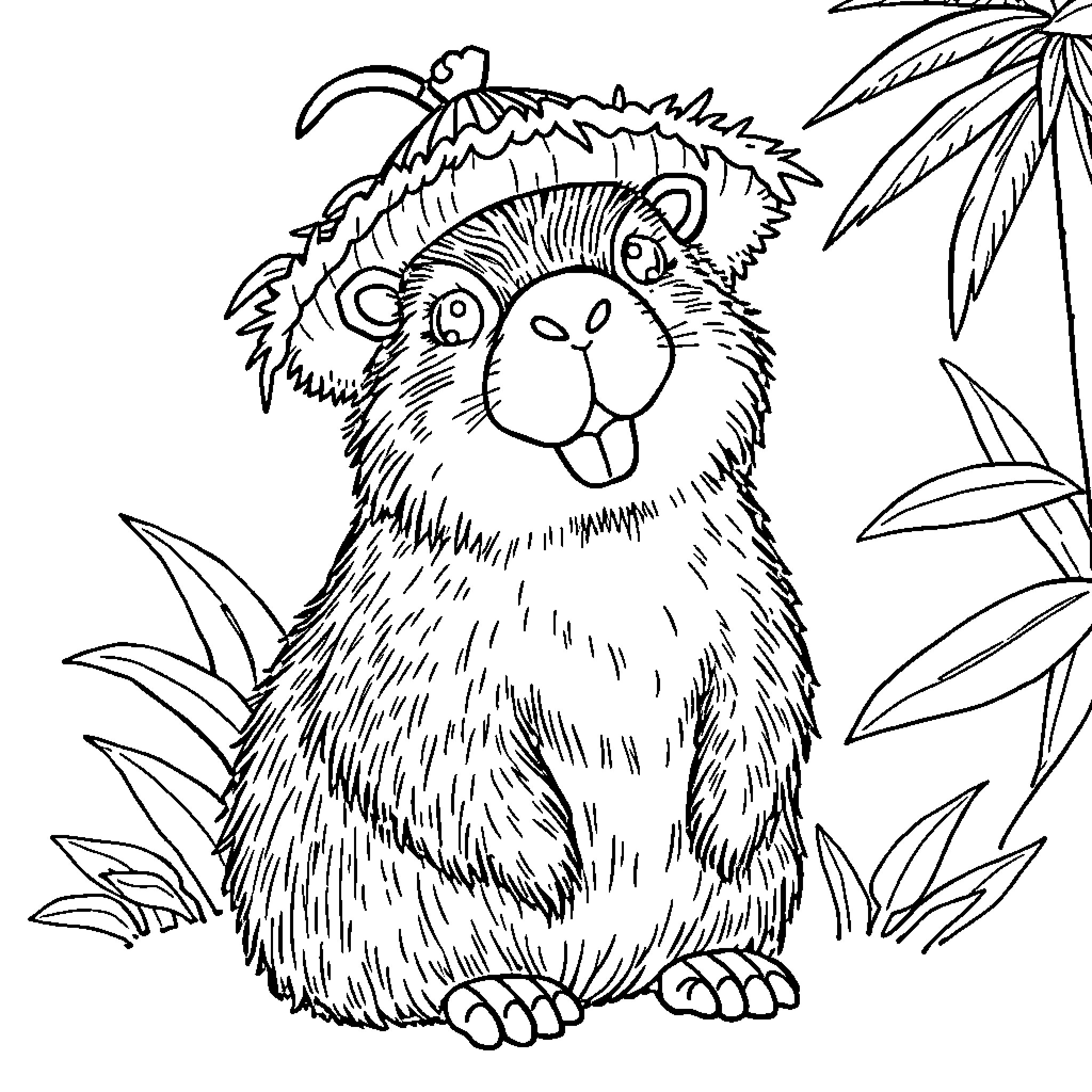 Capybara enjoying the nature Coloring Page (free black-and-white line drawing printable PDF for all, from beginners to advanced learners, including children, teens, adults, and seniors)