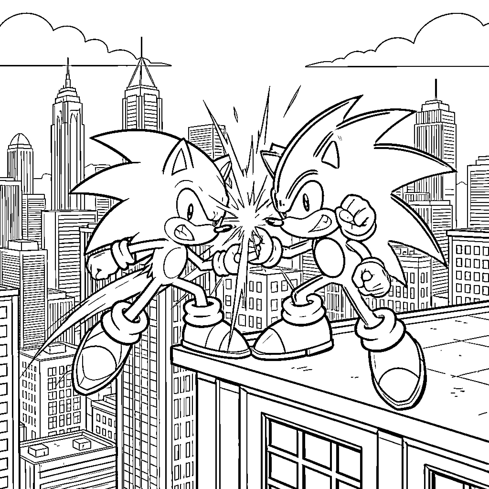 Sonic battling another hedgehog on a city rooftop Coloring Page (free black-and-white line drawing printable PDF for all, from beginners to advanced learners, including children, teens, adults, and seniors)