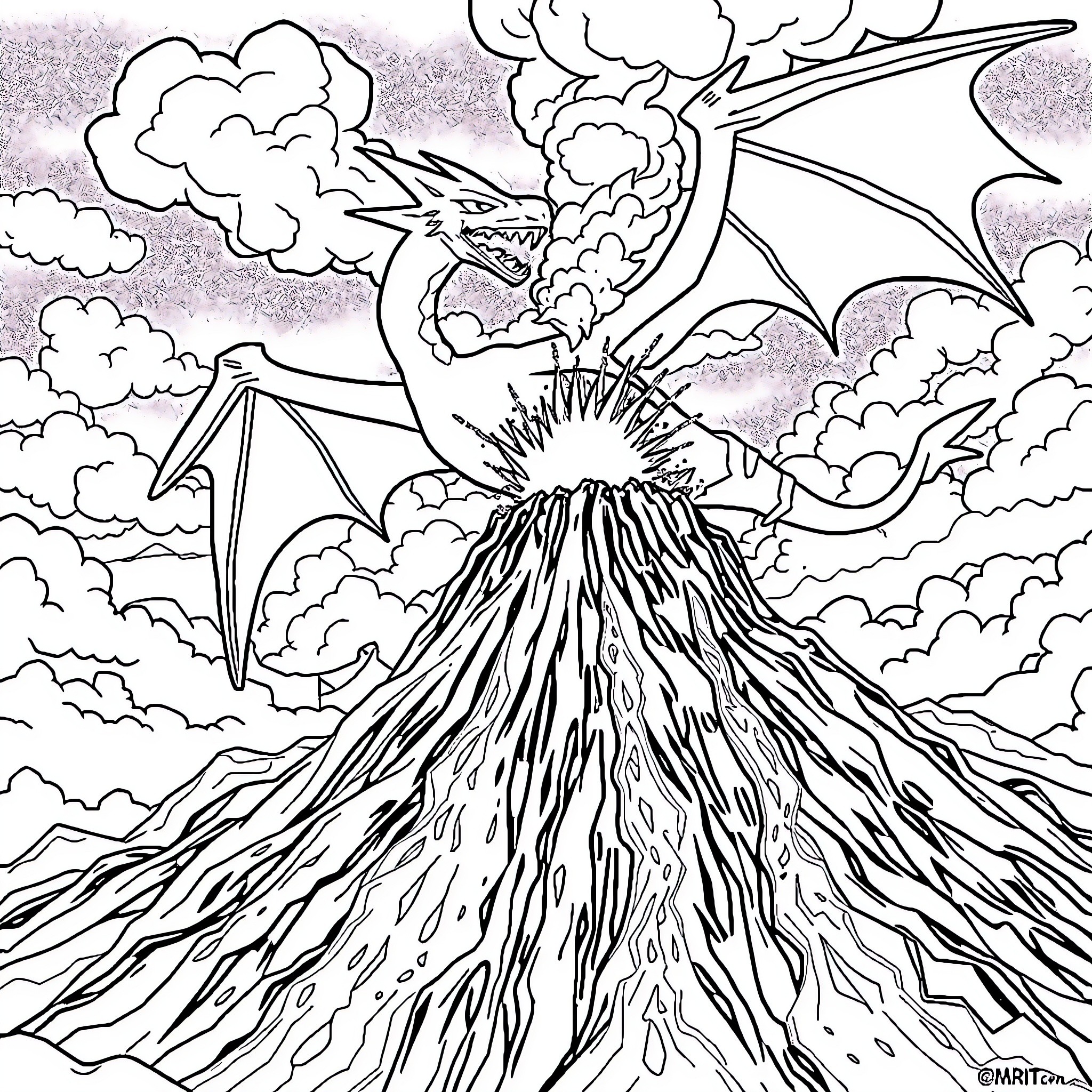Rayquaza soaring above an erupting volcano Coloring Page (free black-and-white line drawing printable PDF for all, from beginners to advanced learners, including children, teens, adults, and seniors)