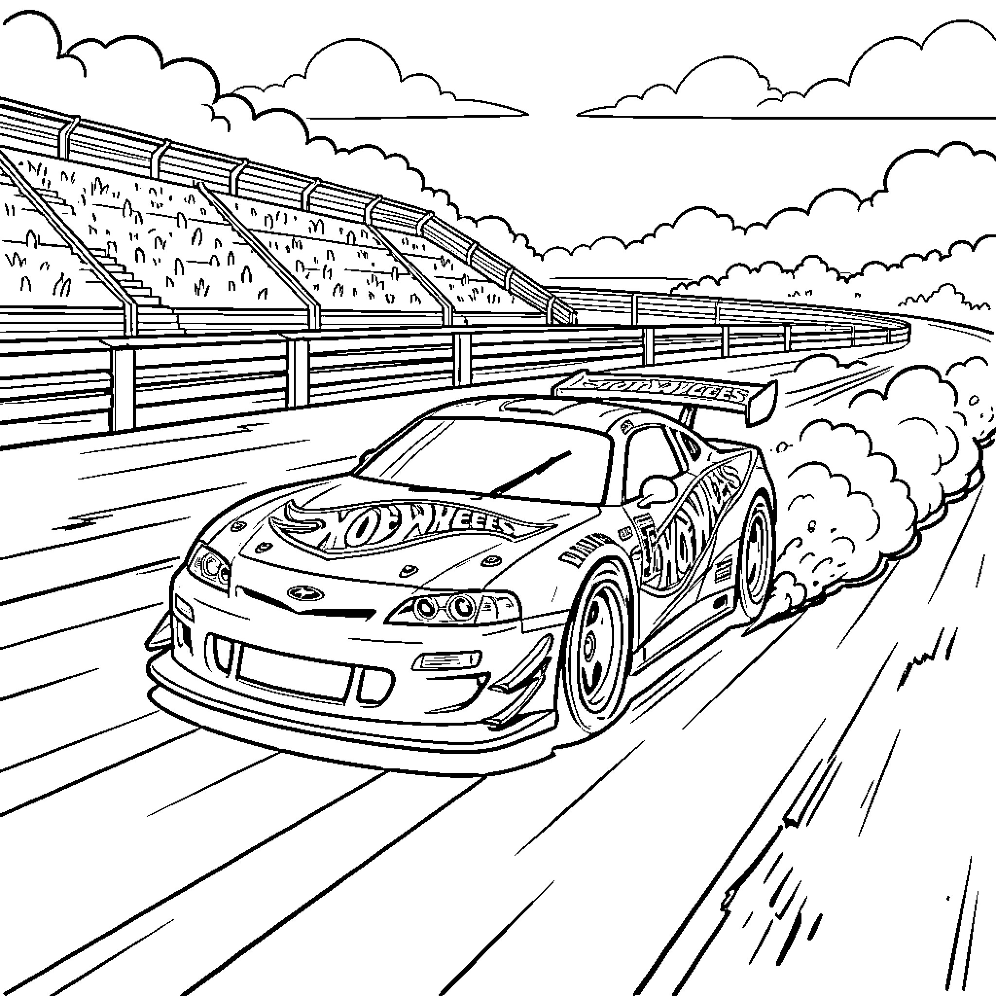 Race Car drifting fast on a winding track Coloring Page (free black-and-white line drawing printable PDF for all, from beginners to advanced learners, including children, teens, adults, and seniors)
