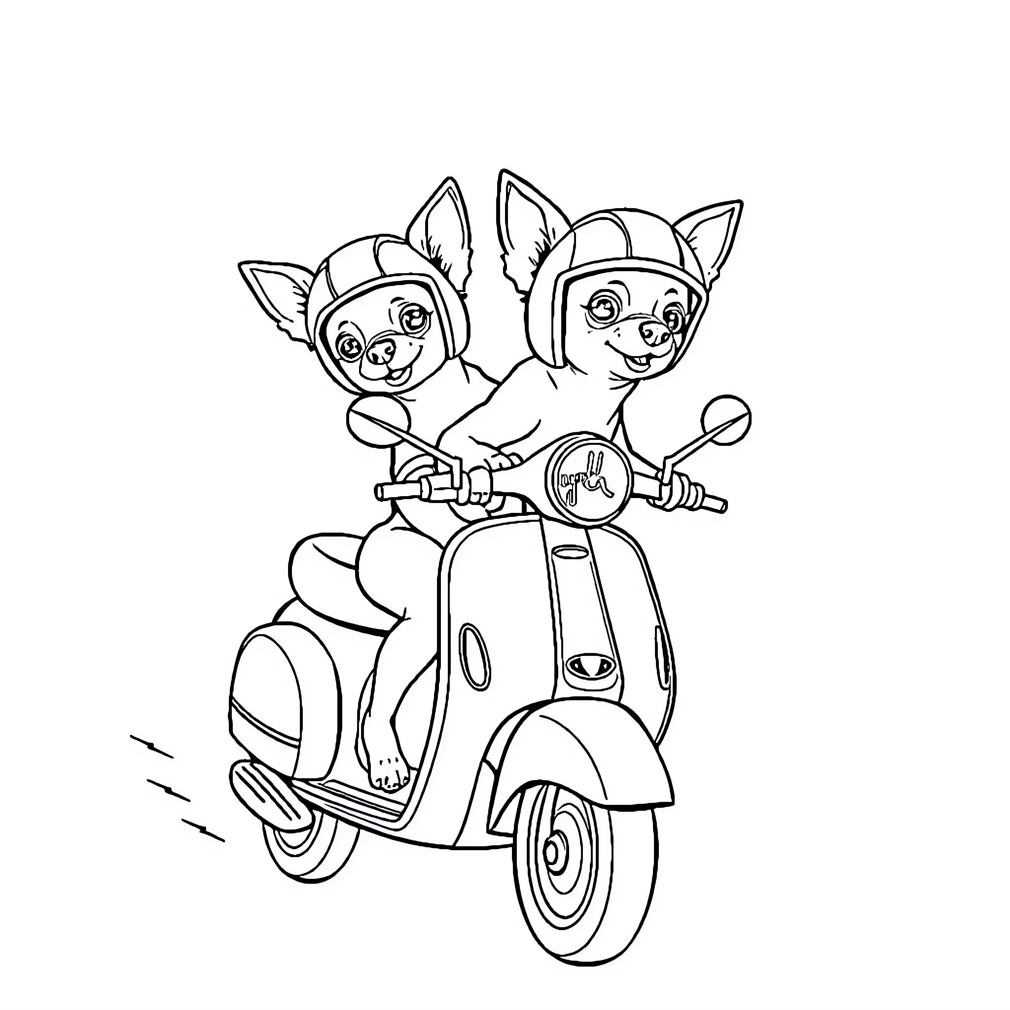 Chihuahuas riding a scooter together Coloring Page (free black-and-white line drawing printable PDF for all, from beginners to advanced learners, including children, teens, adults, and seniors)