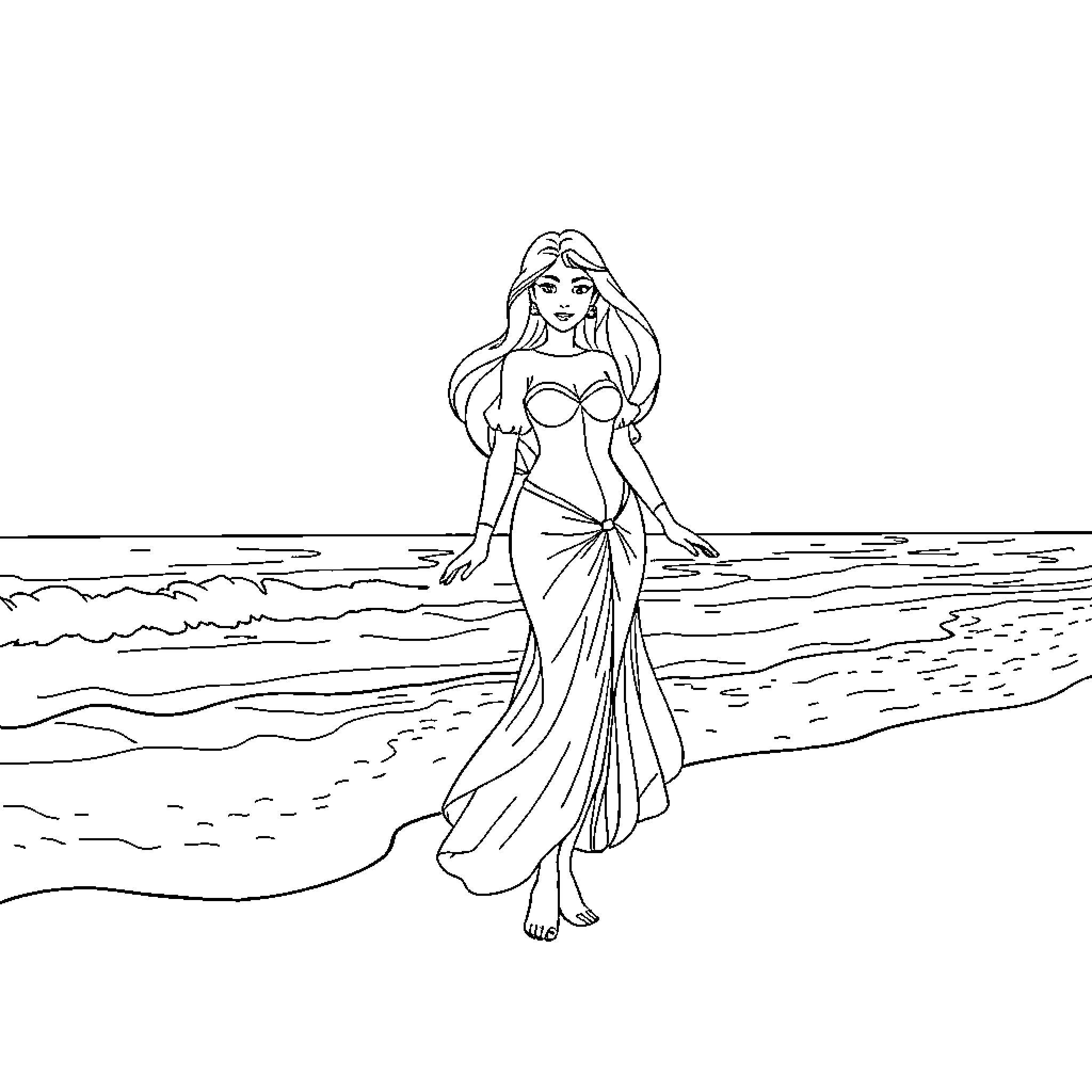 Princess strolling along the beach Coloring Page (free black-and-white line drawing printable PDF for all, from beginners to advanced learners, including children, teens, adults, and seniors)