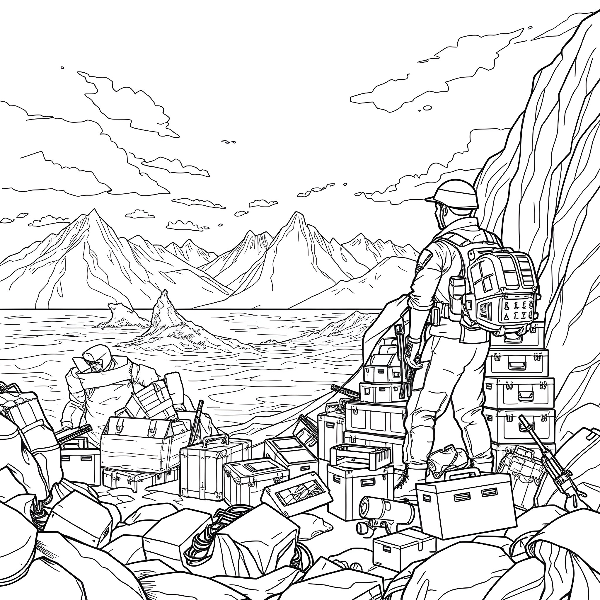 Storeman exploring rugged mountainous landscape with cargo Coloring Page (free black-and-white line drawing printable PDF for all, from beginners to advanced learners, including children, teens, adults, and seniors)