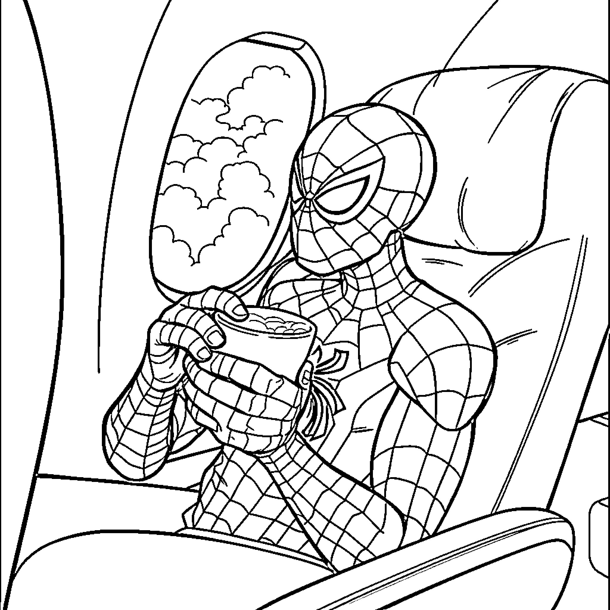 Spiderman swinging and enjoying a hot beverage Coloring Page (free black-and-white line drawing printable PDF for all, from beginners to advanced learners, including children, teens, adults, and seniors)
