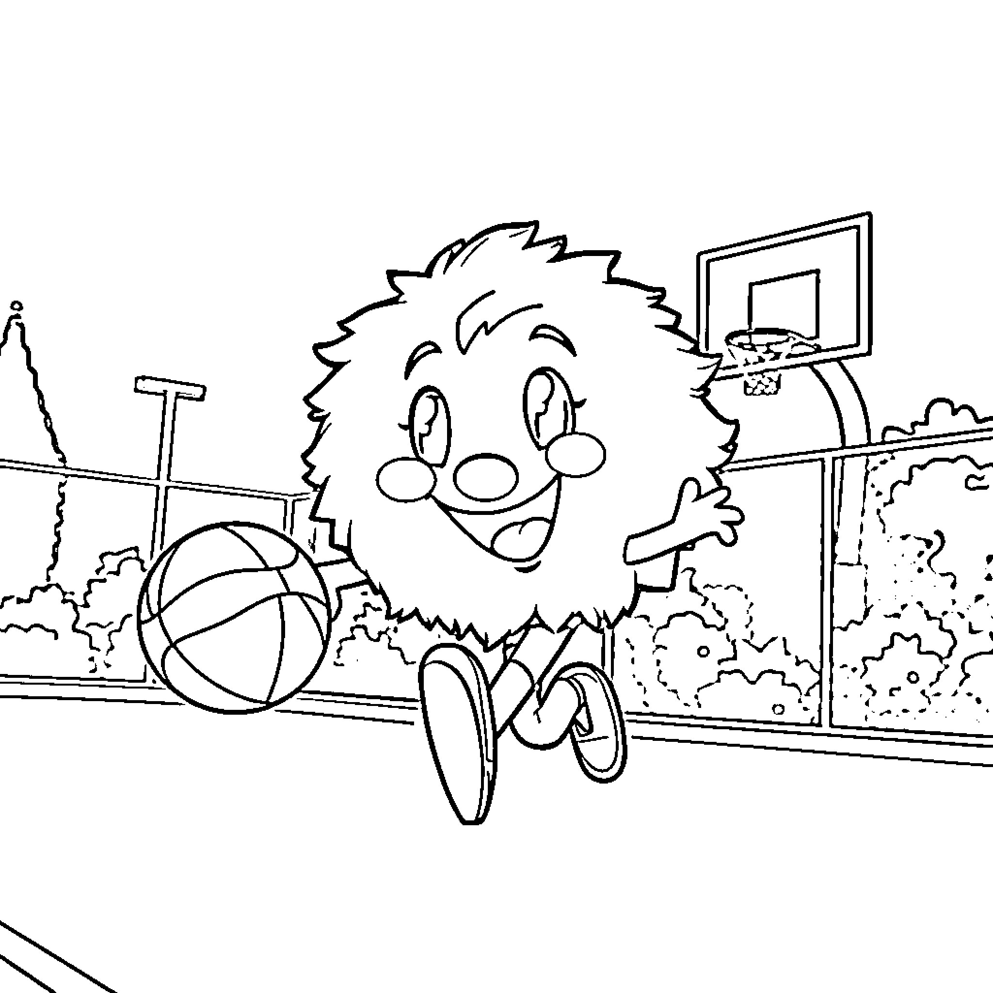 Pom Pom Enjoys a Lively Game of Basketball Coloring Page (free black-and-white line drawing printable PDF for all, from beginners to advanced learners, including children, teens, adults, and seniors)