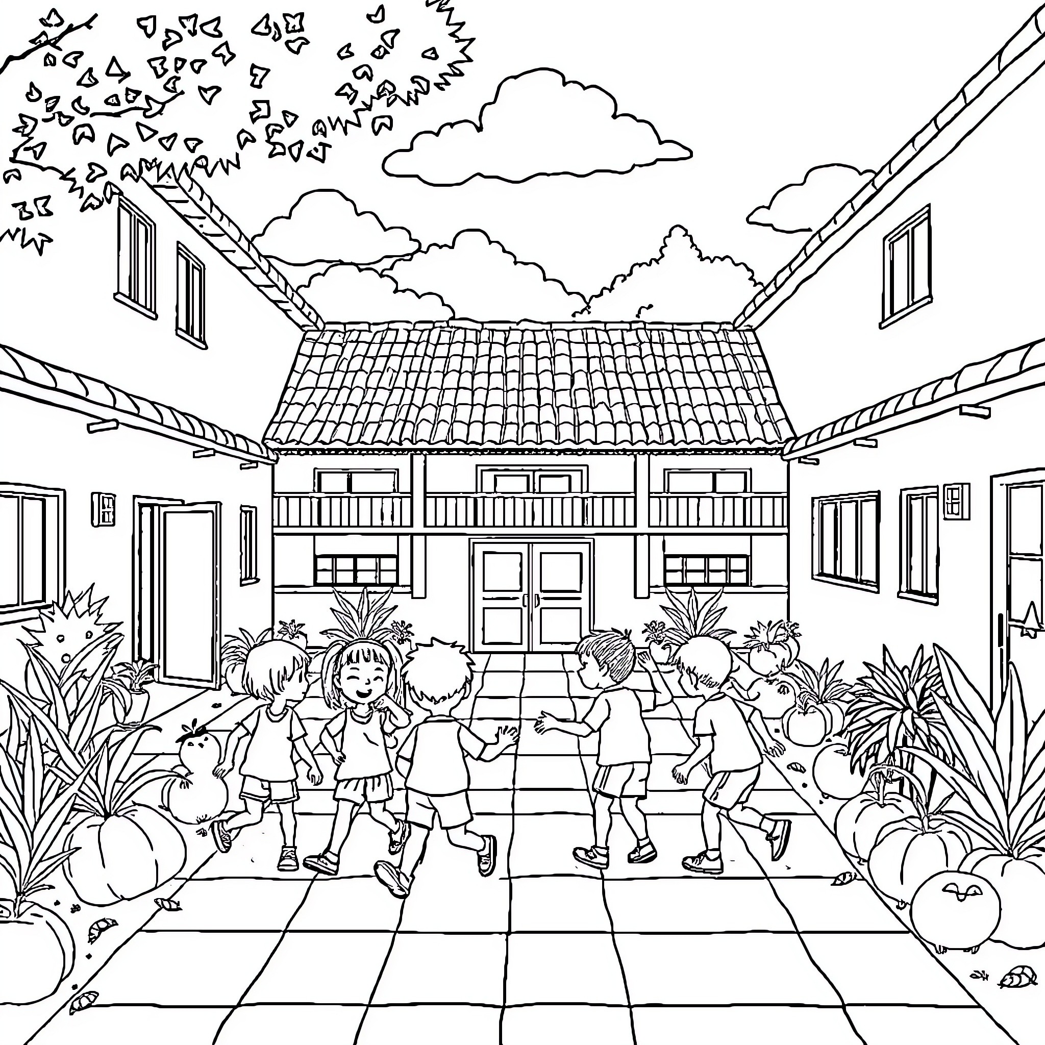 School children playing and exploring outdoor scene Coloring Page (free black-and-white line drawing printable PDF for all, from beginners to advanced learners, including children, teens, adults, and seniors)