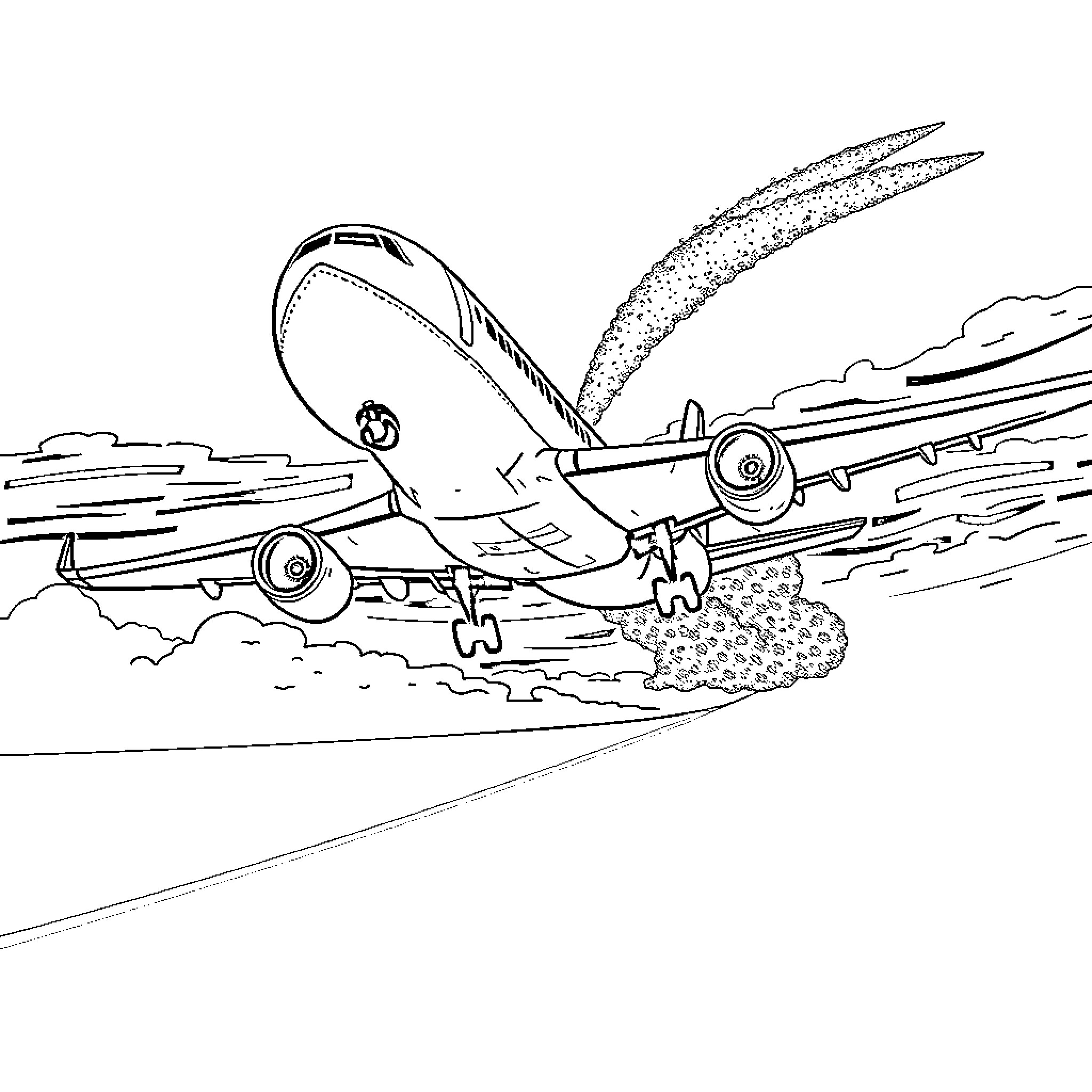Airplane taking off with clouds in the sky Coloring Page (free black-and-white line drawing printable PDF for all, from beginners to advanced learners, including children, teens, adults, and seniors)