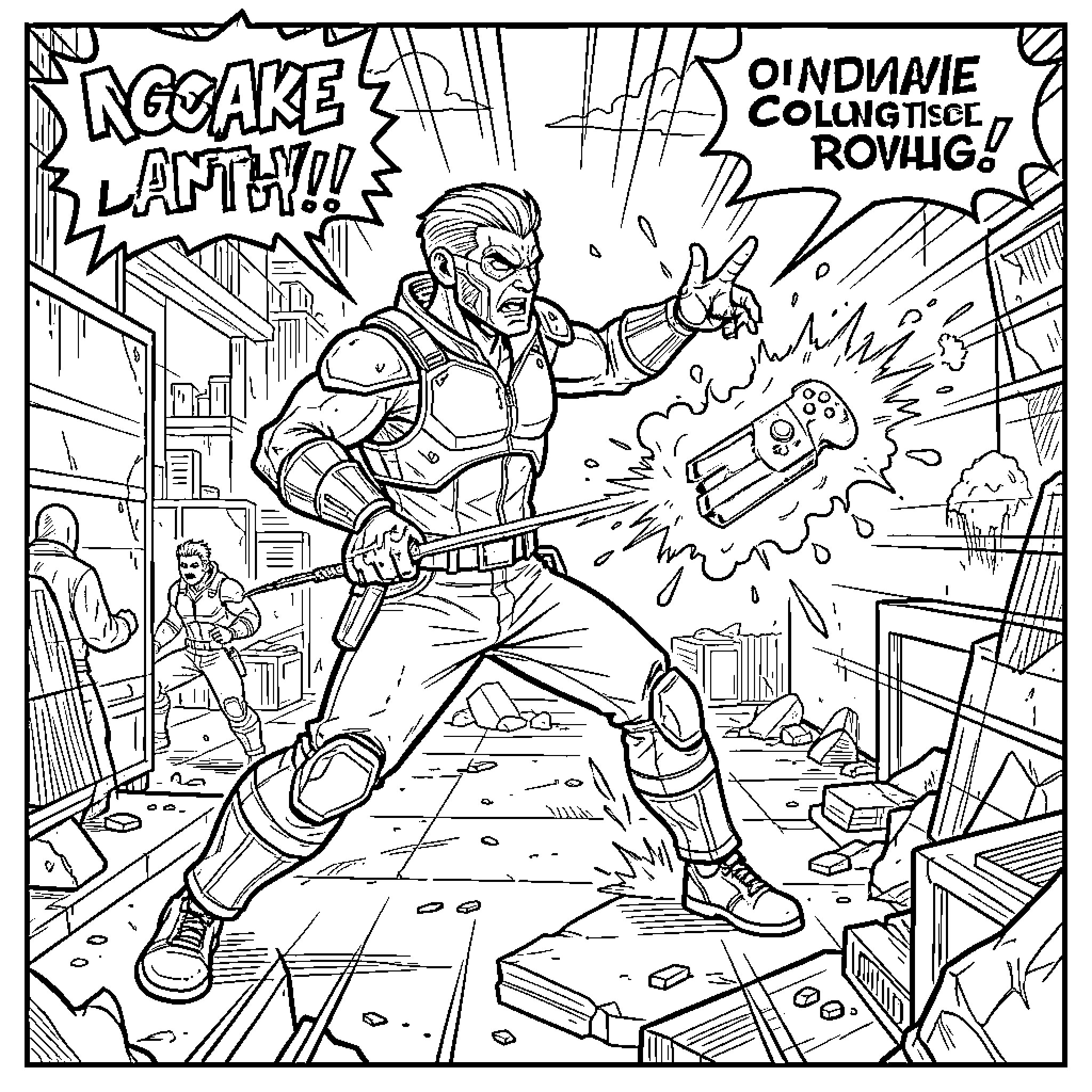 PS4 warrior shouting while engaging in intense combat Coloring Page (free black-and-white line drawing printable PDF for all, from beginners to advanced learners, including children, teens, adults, and seniors)
