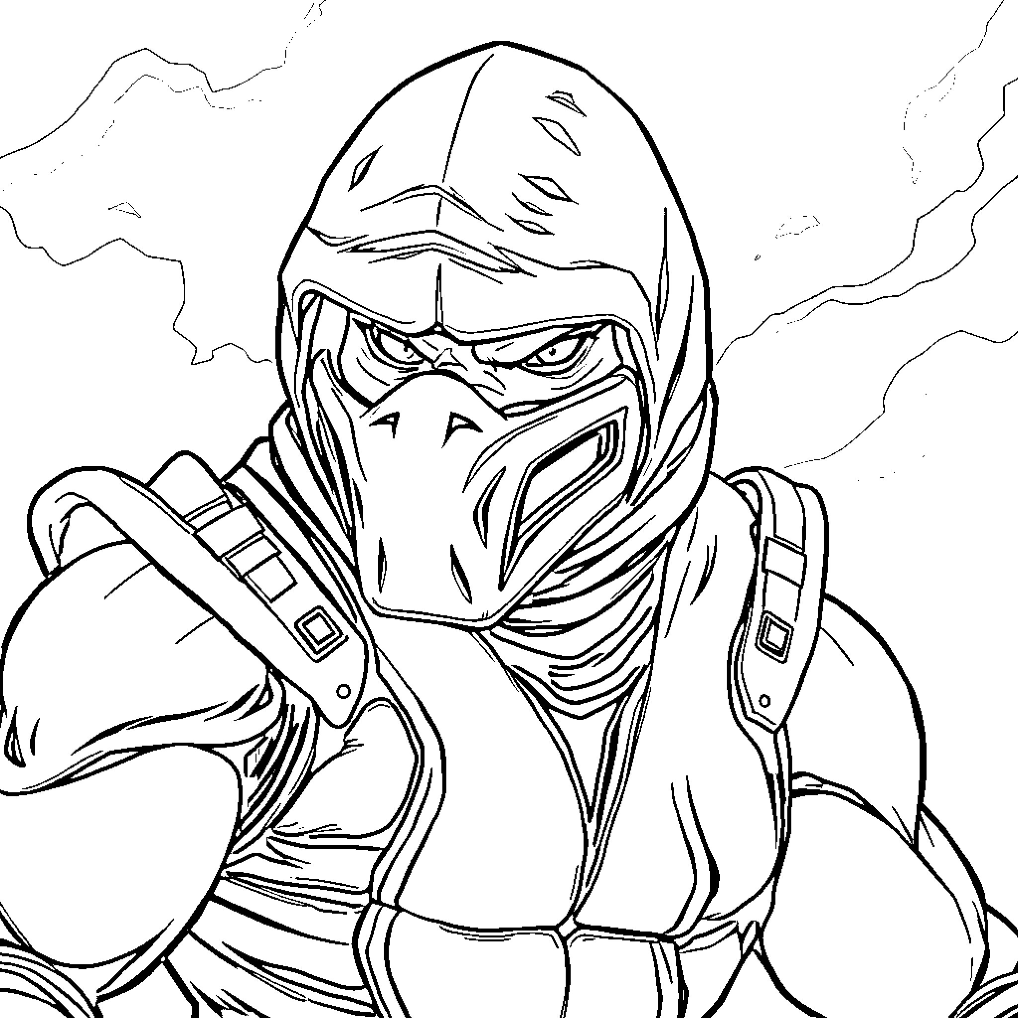 Floyd's Fierce Warrior Pose in the Midst of Battle Coloring Page (free black-and-white line drawing printable PDF for all, from beginners to advanced learners, including children, teens, adults, and seniors)