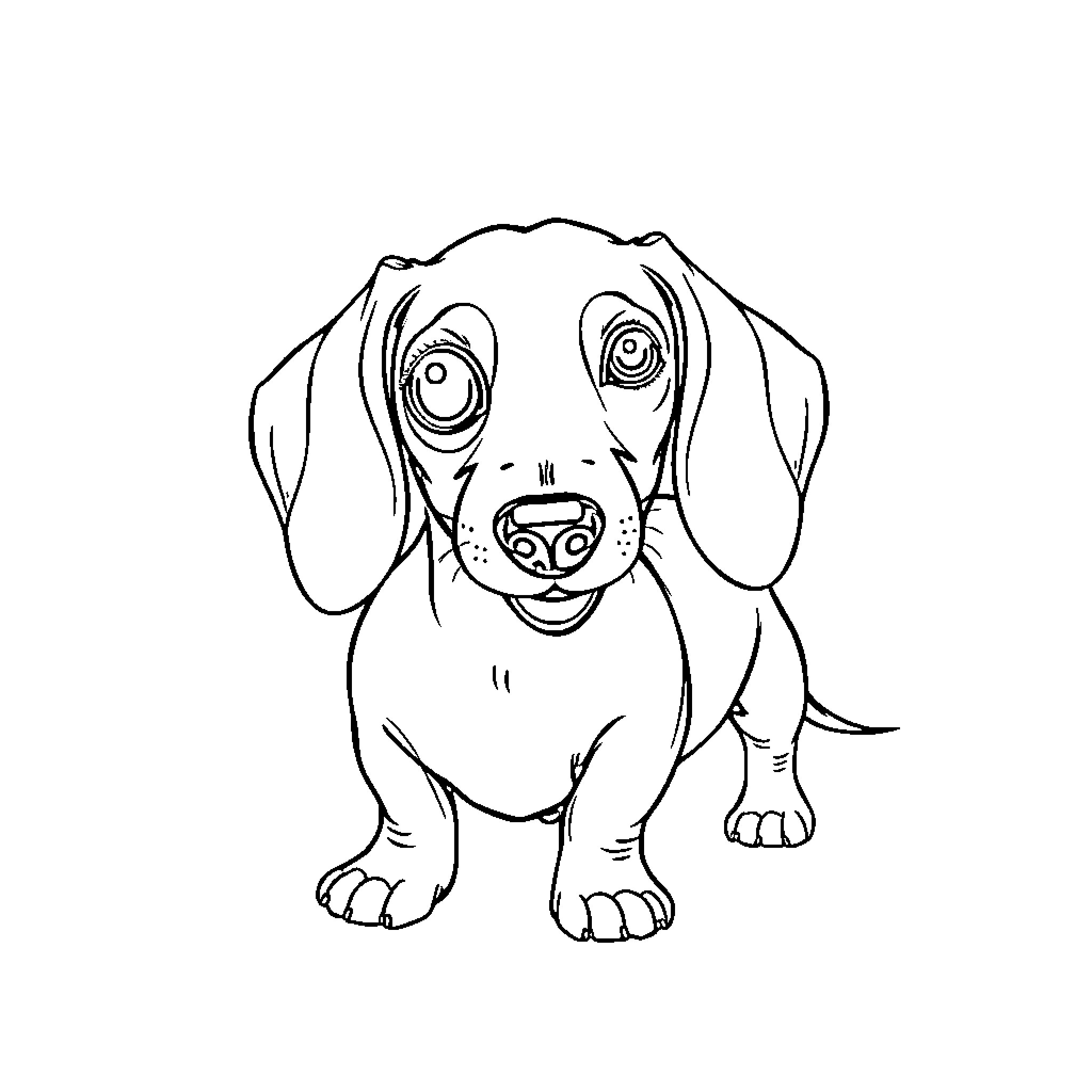 Dachshund looking curiously at the viewer Coloring Page (free black-and-white line drawing printable PDF for all, from beginners to advanced learners, including children, teens, adults, and seniors)