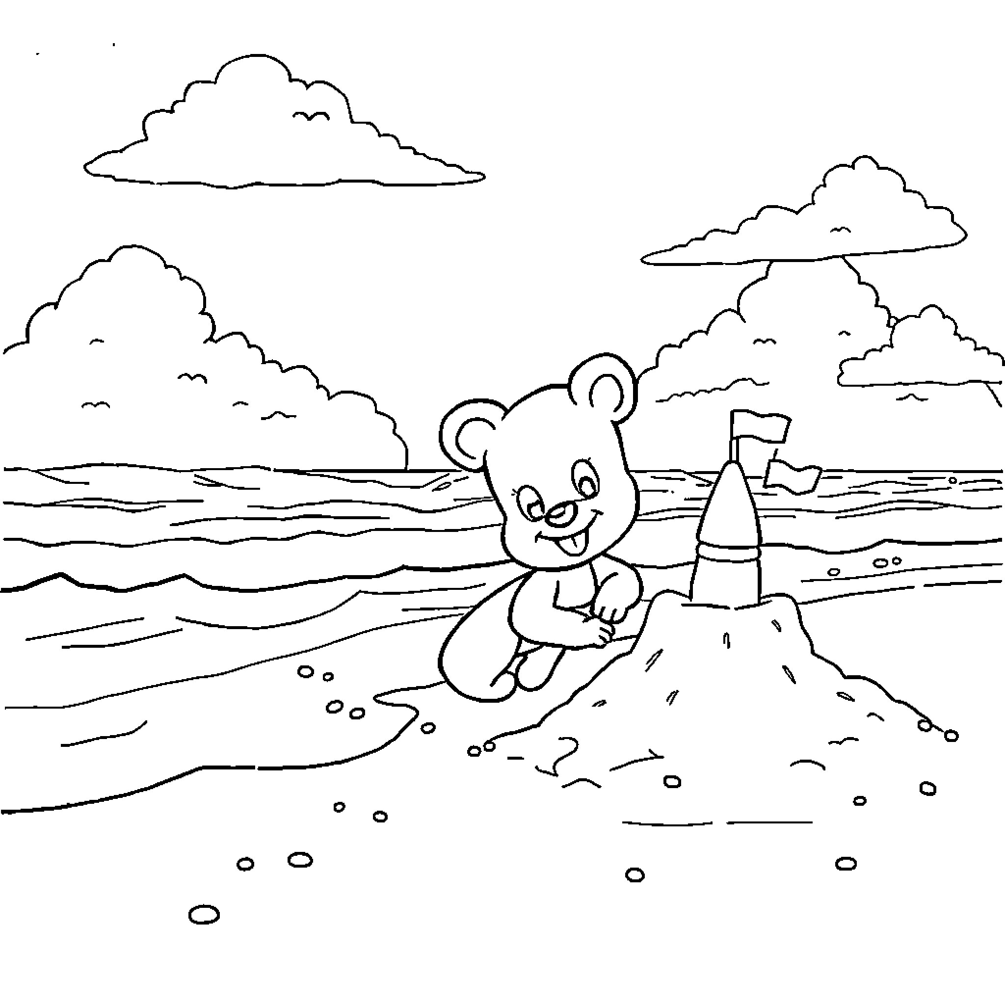 Bluey playing on the beach with a sandcastle Coloring Page (free black-and-white line drawing printable PDF for all, from beginners to advanced learners, including children, teens, adults, and seniors)