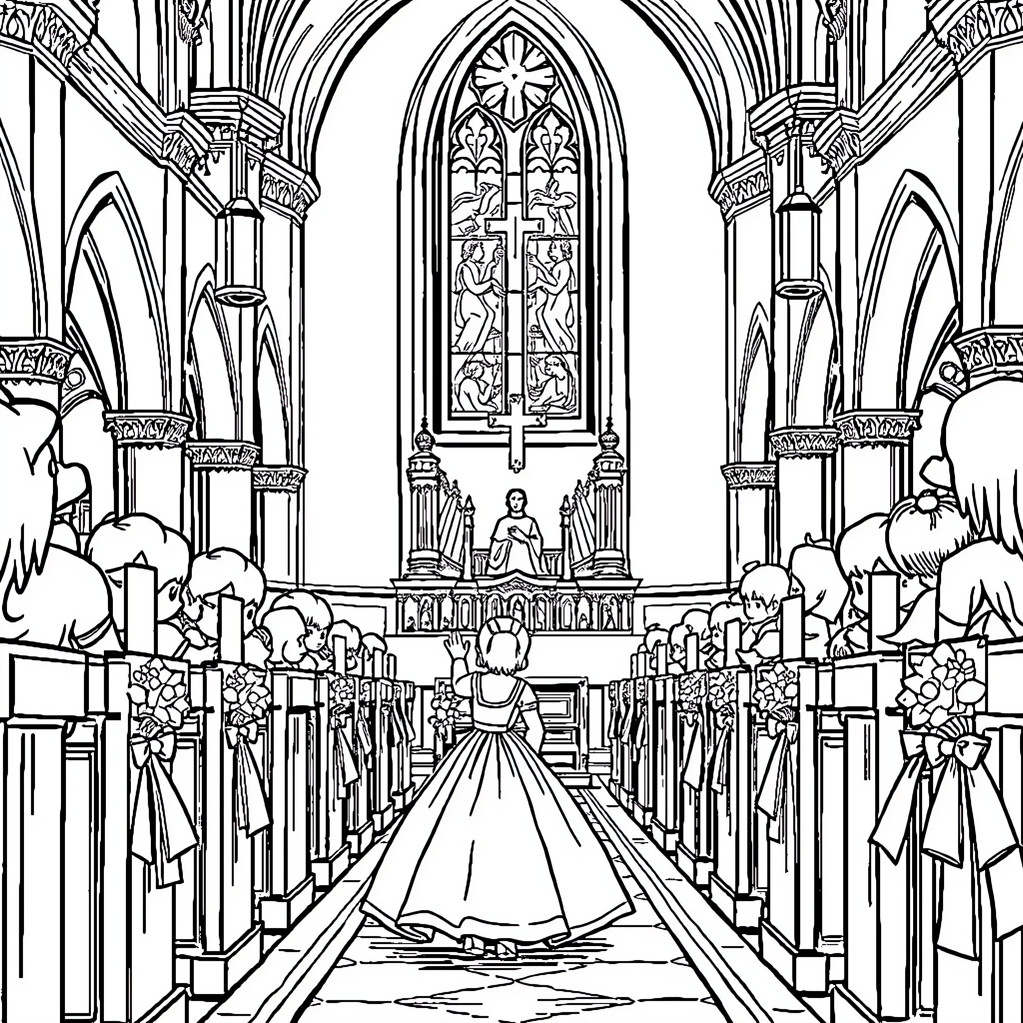 Fille dans une église gothique ornementée Coloring Page (free black-and-white line drawing printable PDF for all, from beginners to advanced learners, including children, teens, adults, and seniors)