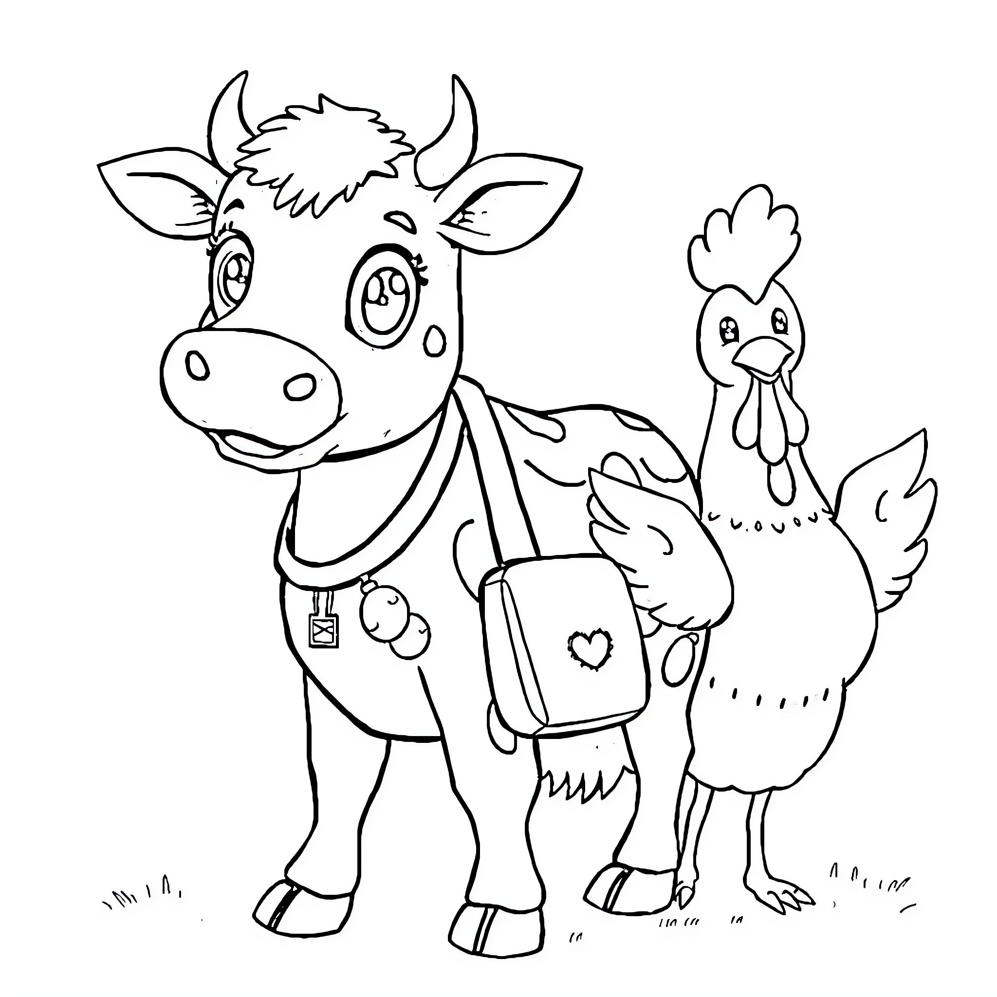 Vache with a Backpack and Rooster Companion Coloring Page (free black-and-white line drawing printable PDF for all, from beginners to advanced learners, including children, teens, adults, and seniors)