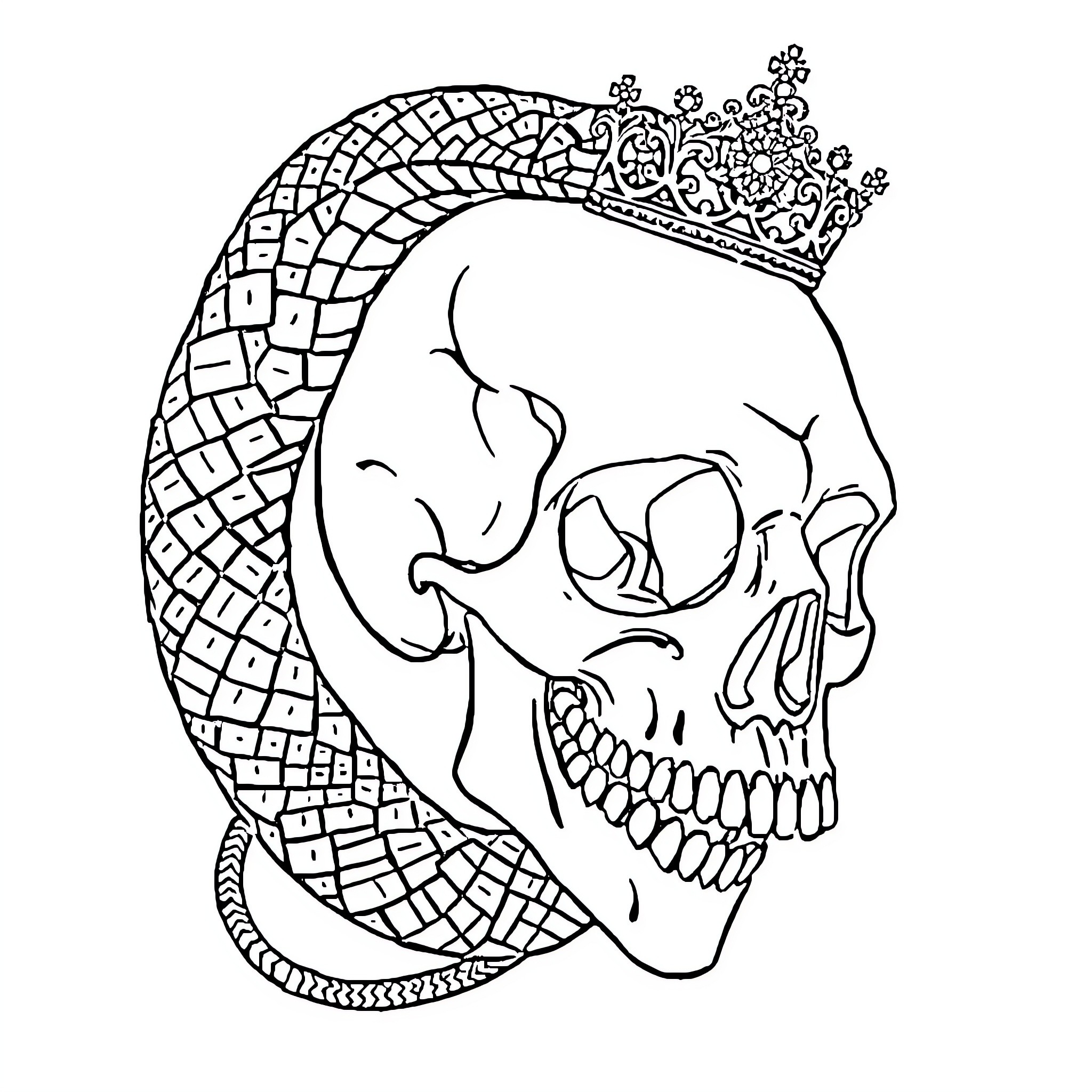 Snake Skull with Intricate Crown Pattern Coloring Page (free black-and-white line drawing printable PDF for all, from beginners to advanced learners, including children, teens, adults, and seniors)