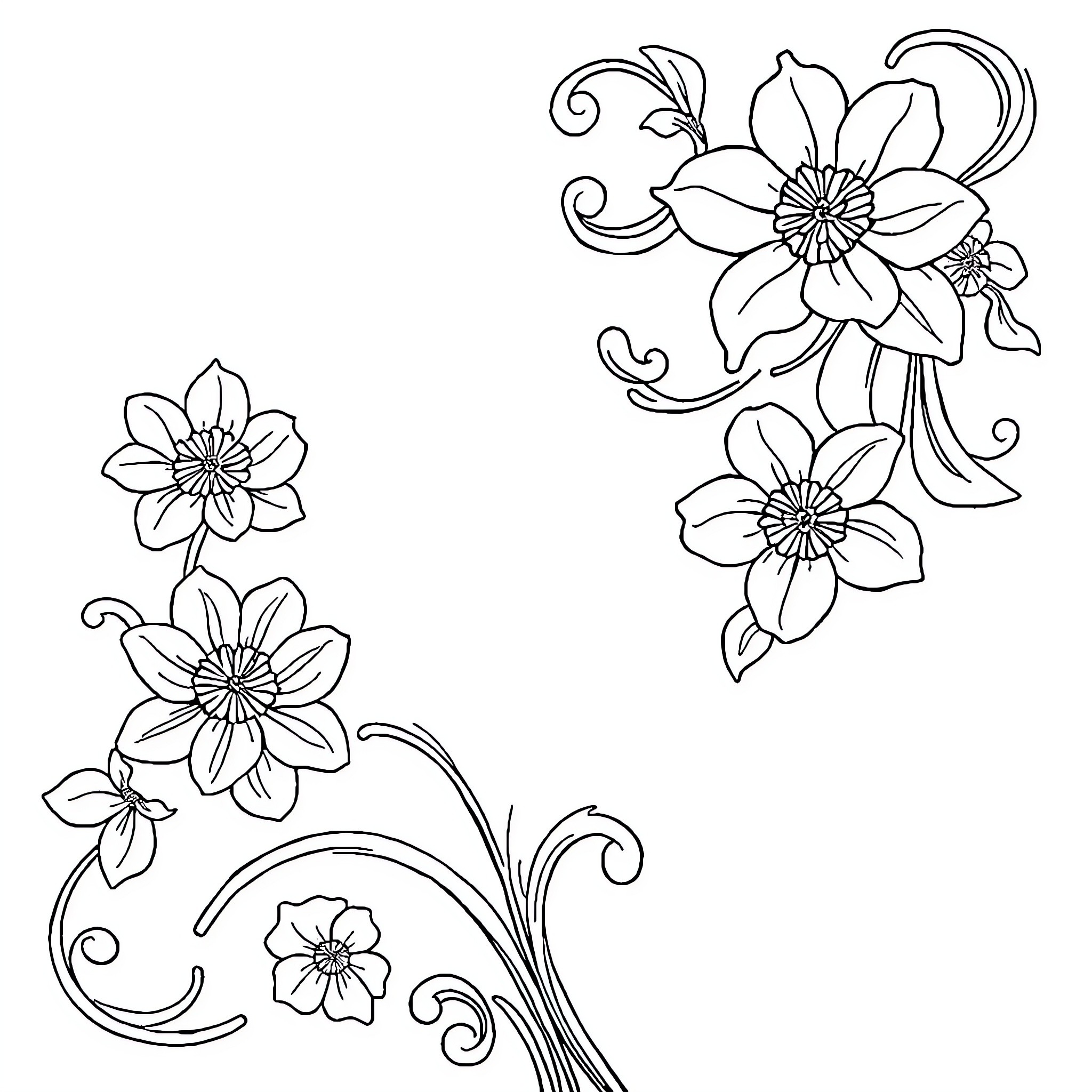 Art Nouveau Floral Arrangement with Stylized Blooms Coloring Page (free black-and-white line drawing printable PDF for all, from beginners to advanced learners, including children, teens, adults, and seniors)