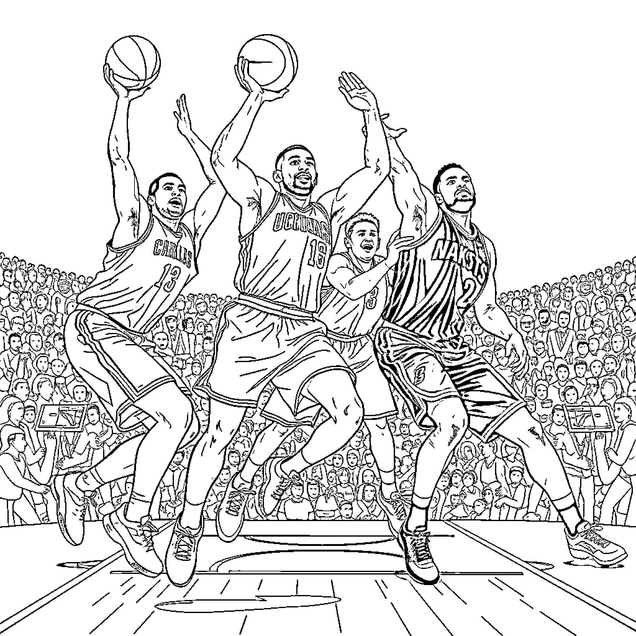 NBA Players Competing on Basketball Court Coloring Page (free black-and-white line drawing printable PDF for all, from beginners to advanced learners, including children, teens, adults, and seniors)