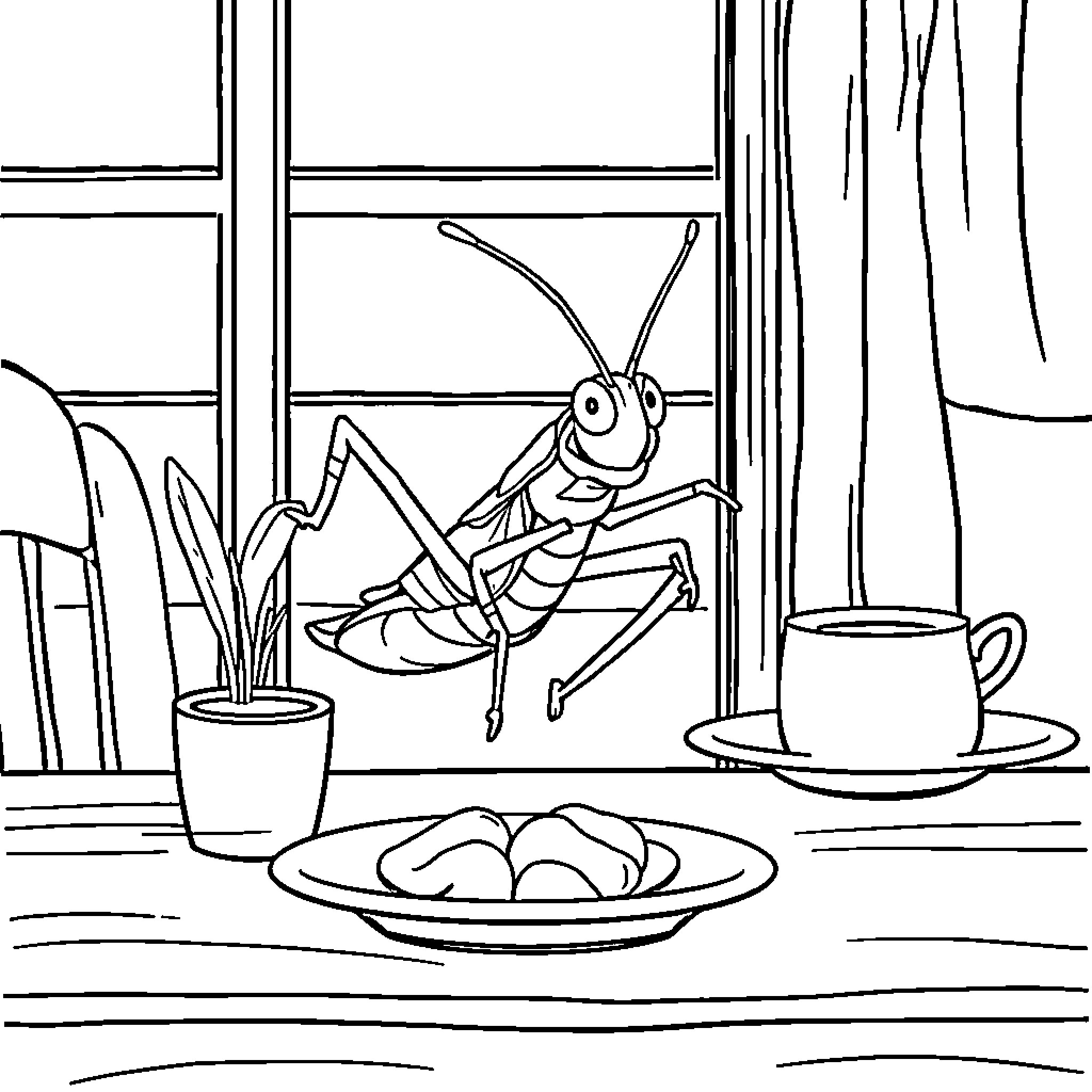 Cricket scene with a playful insect character Coloring Page (free black-and-white line drawing printable PDF for all, from beginners to advanced learners, including children, teens, adults, and seniors)