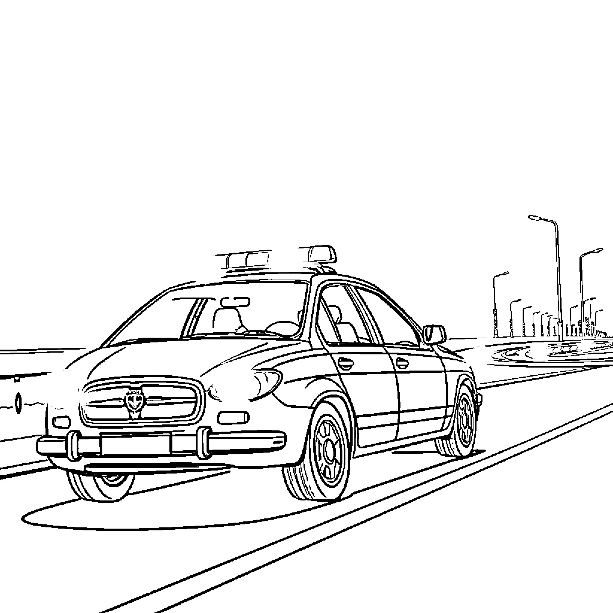 Police Car Patrolling on City Streets Coloring Page (free black-and-white line drawing printable PDF for all, from beginners to advanced learners, including children, teens, adults, and seniors)