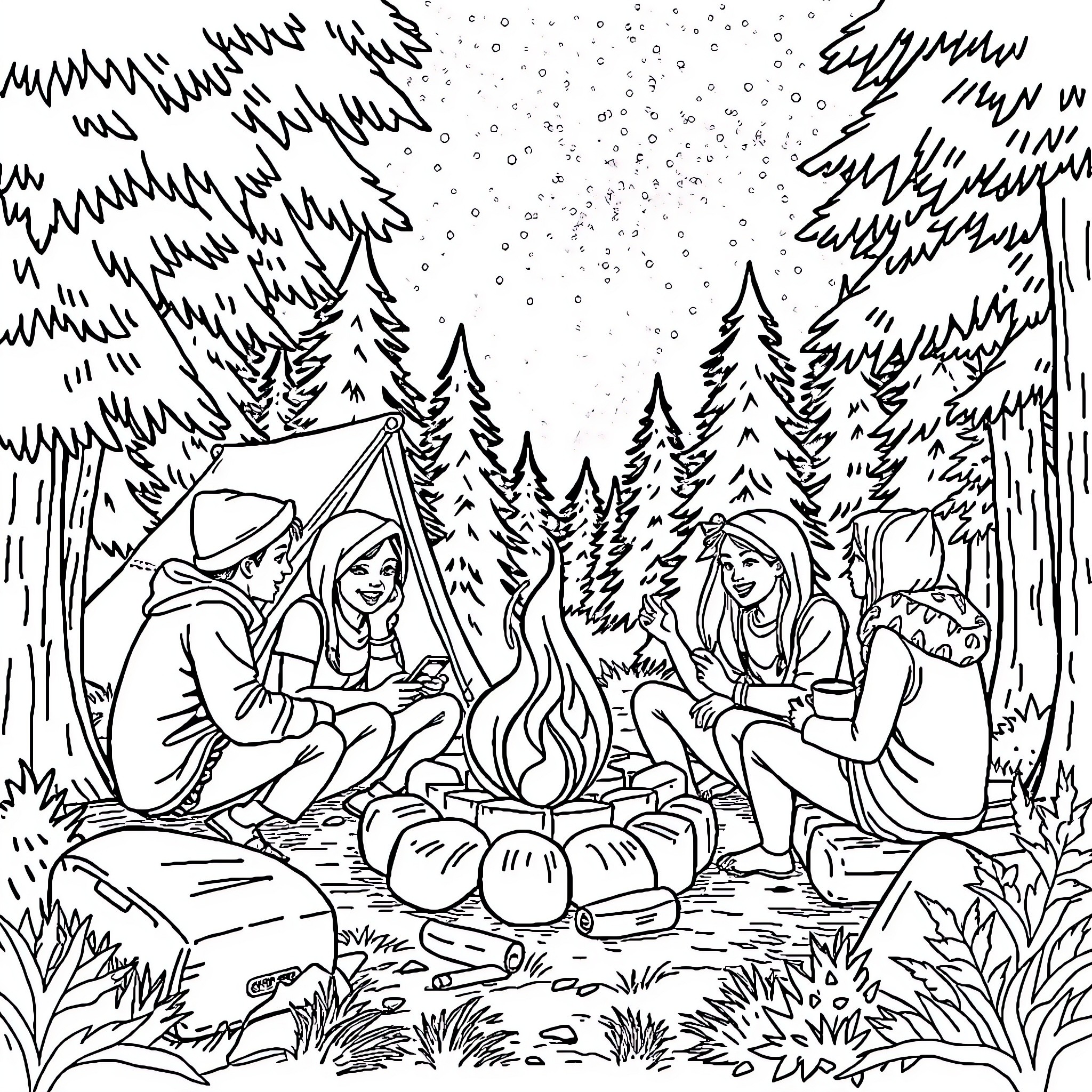 Campfire scene with friends in the snowy forest Coloring Page (free black-and-white line drawing printable PDF for all, from beginners to advanced learners, including children, teens, adults, and seniors)