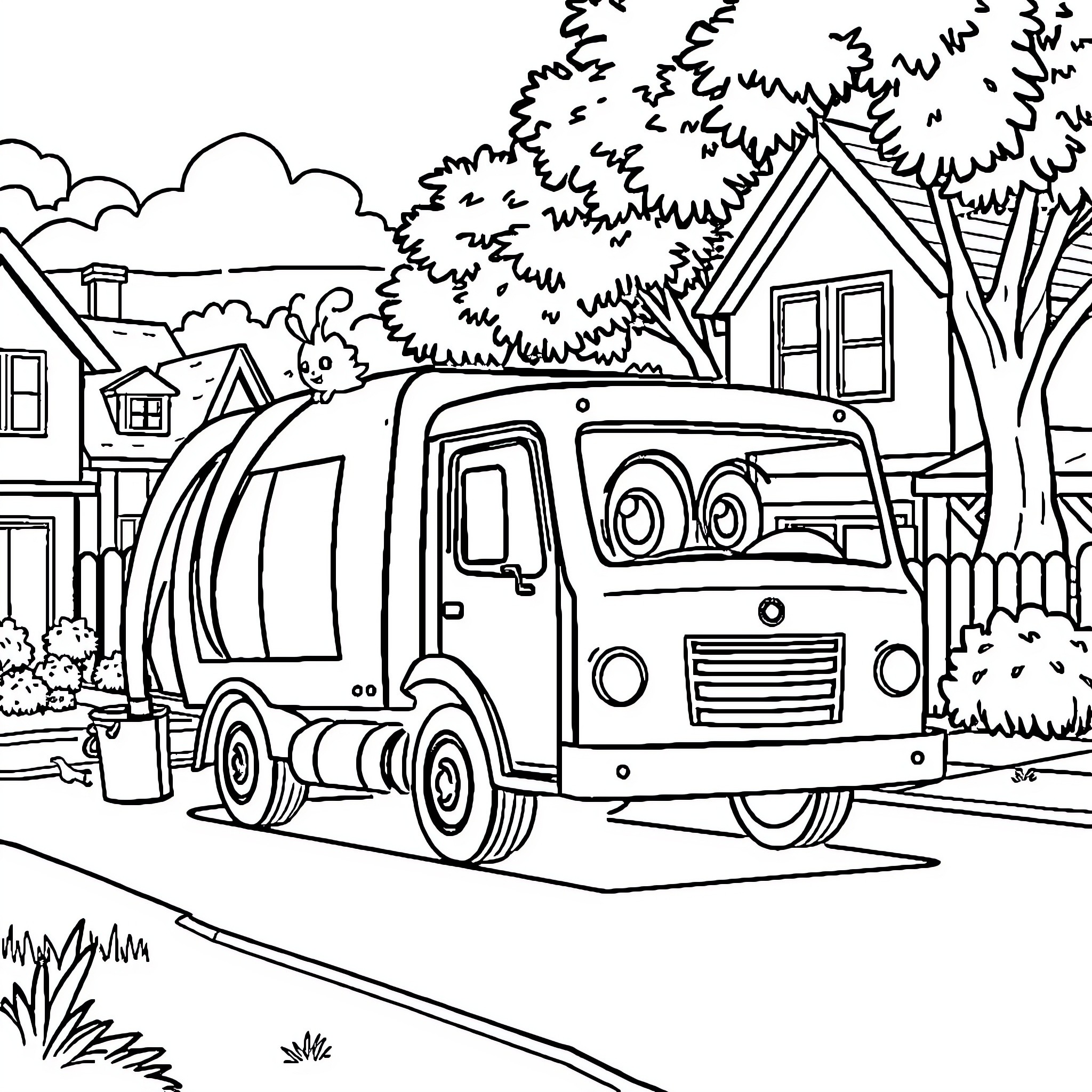 Garbage Truck passing through a neighborhood Coloring Page (free black-and-white line drawing printable PDF for all, from beginners to advanced learners, including children, teens, adults, and seniors)