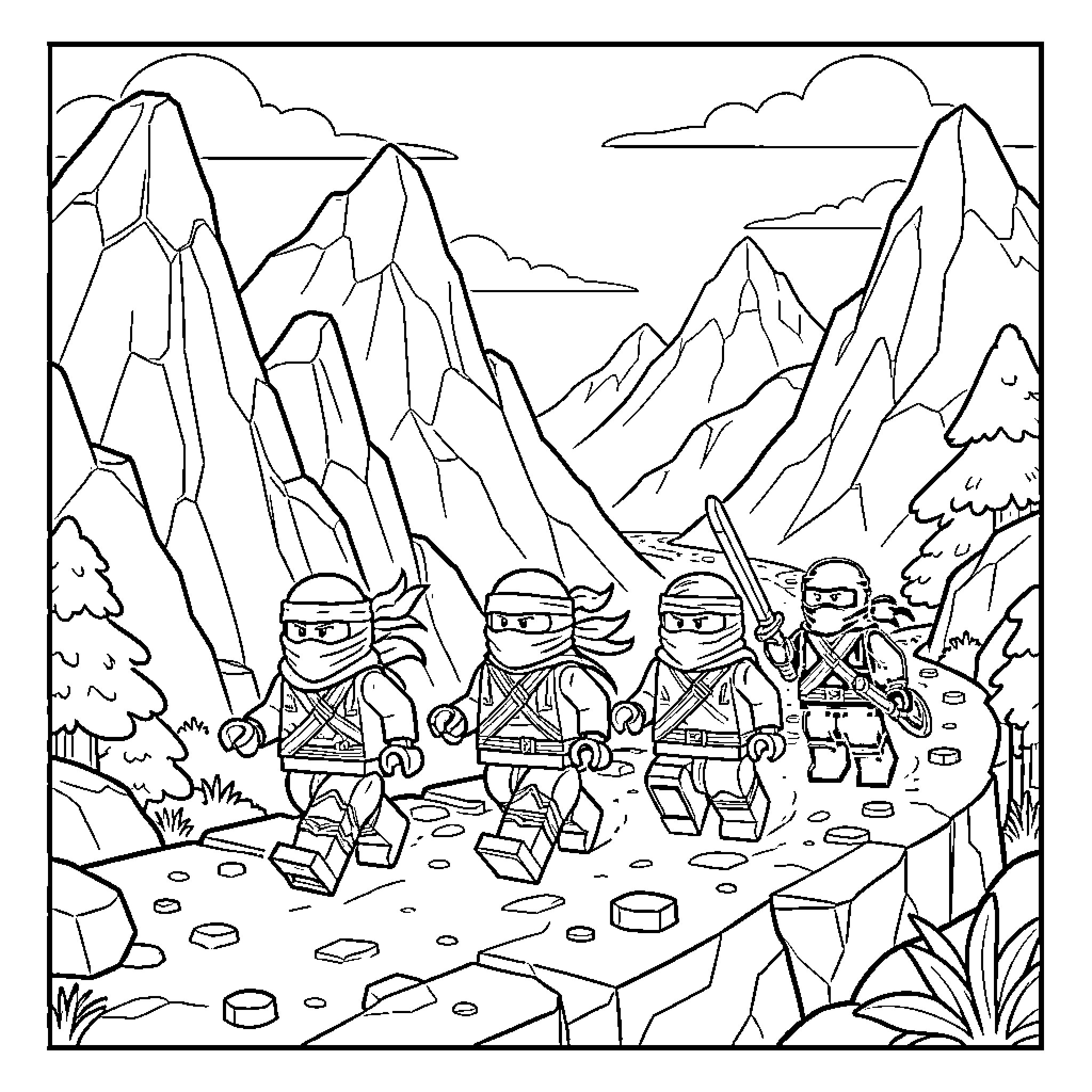 Lego Ninjago characters walking along a mountain path Coloring Page (free black-and-white line drawing printable PDF for all, from beginners to advanced learners, including children, teens, adults, and seniors)
