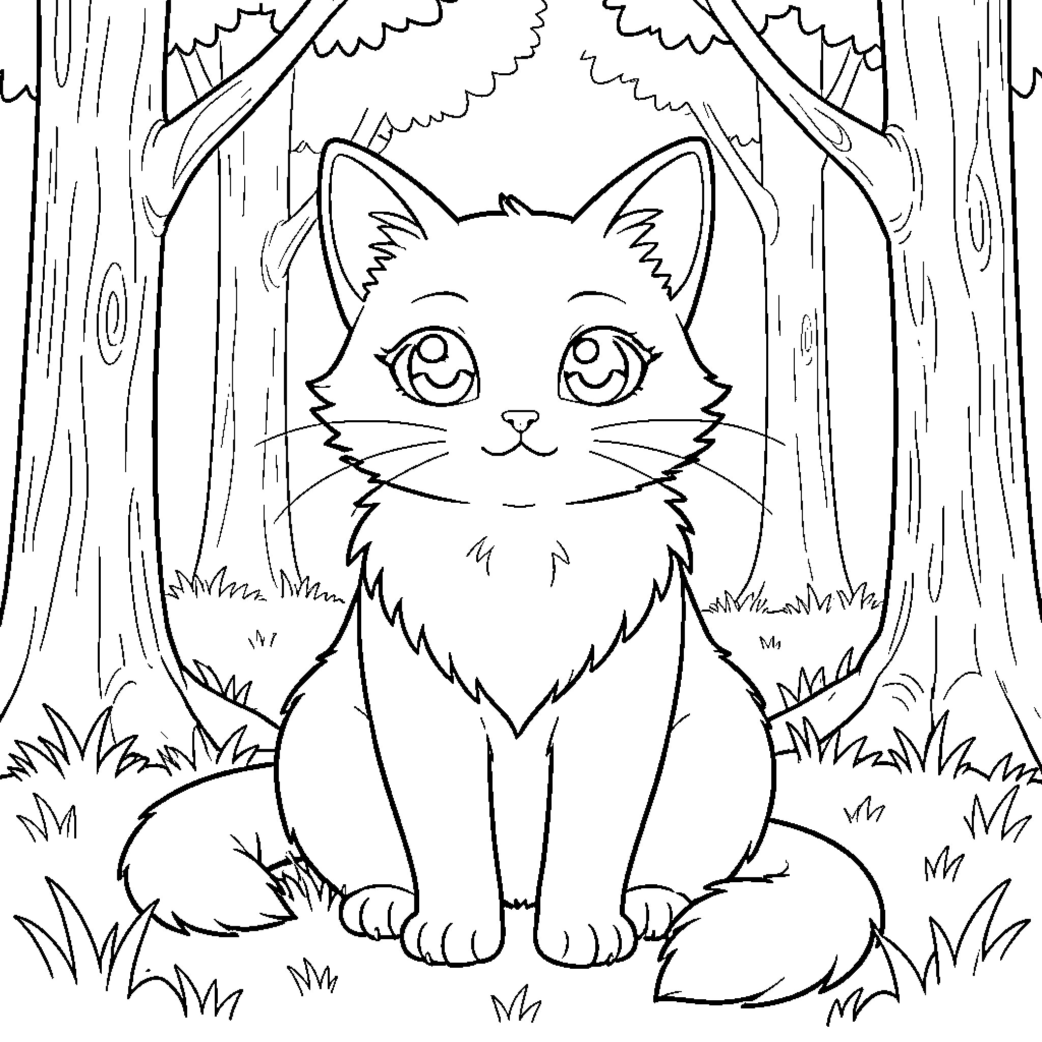 Warrior Cat sitting calmly in the forest Coloring Page (free black-and-white line drawing printable PDF for all, from beginners to advanced learners, including children, teens, adults, and seniors)