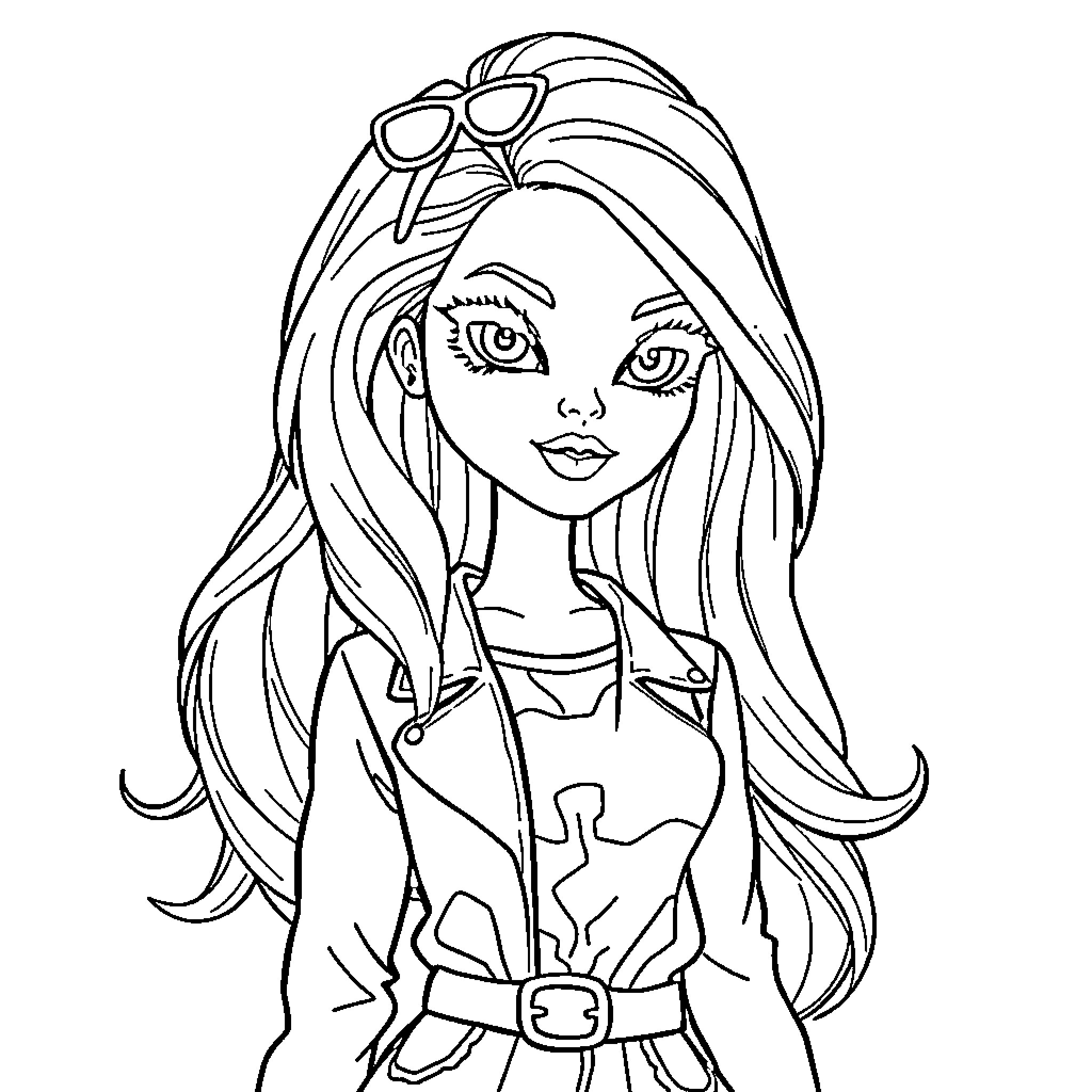 Barbi in stylish casual outfit with sunglasses Coloring Page (free black-and-white line drawing printable PDF for all, from beginners to advanced learners, including children, teens, adults, and seniors)