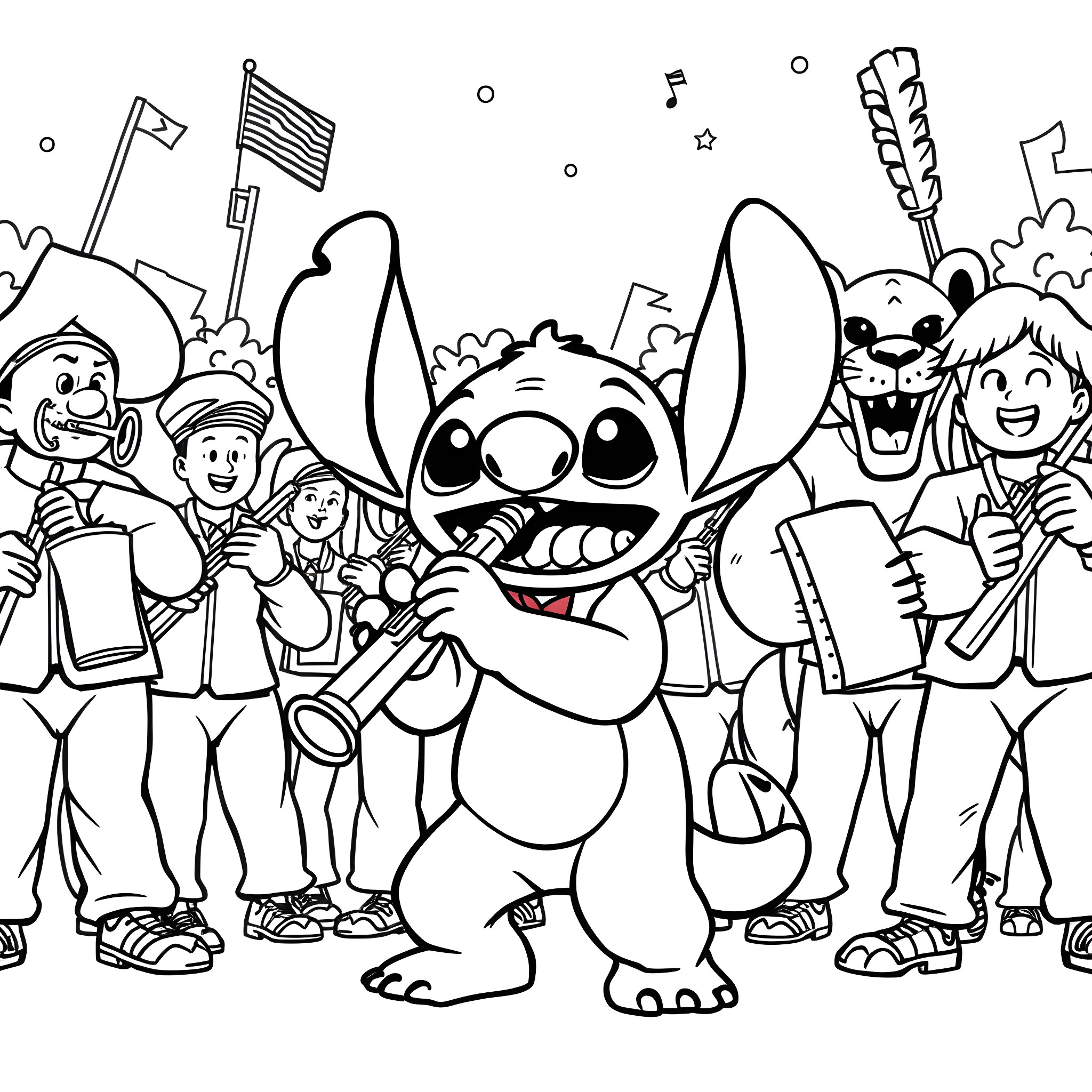 Stitch and Friends Celebrating Coloring Page (free black-and-white line drawing printable PDF for all, from beginners to advanced learners, including children, teens, adults, and seniors)