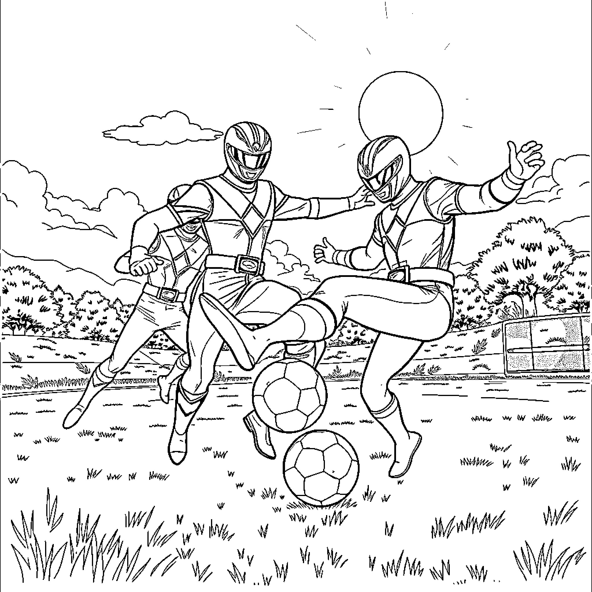 Power Rangers battling with soccer balls in outdoor field Coloring Page (free black-and-white line drawing printable PDF for all, from beginners to advanced learners, including children, teens, adults, and seniors)
