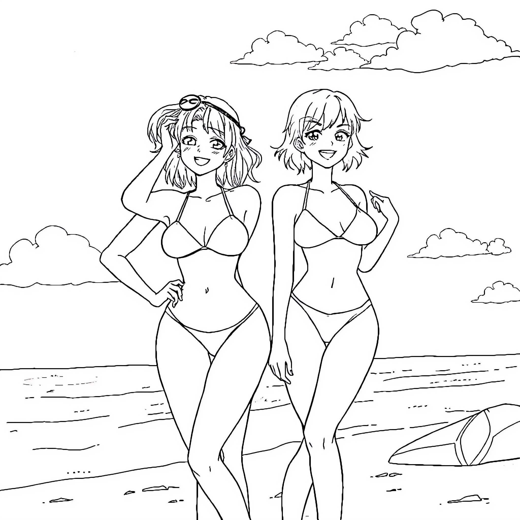 Anime Women Enjoying Beach Vacation Coloring Page (free black-and-white line drawing printable PDF for all, from beginners to advanced learners, including children, teens, adults, and seniors)