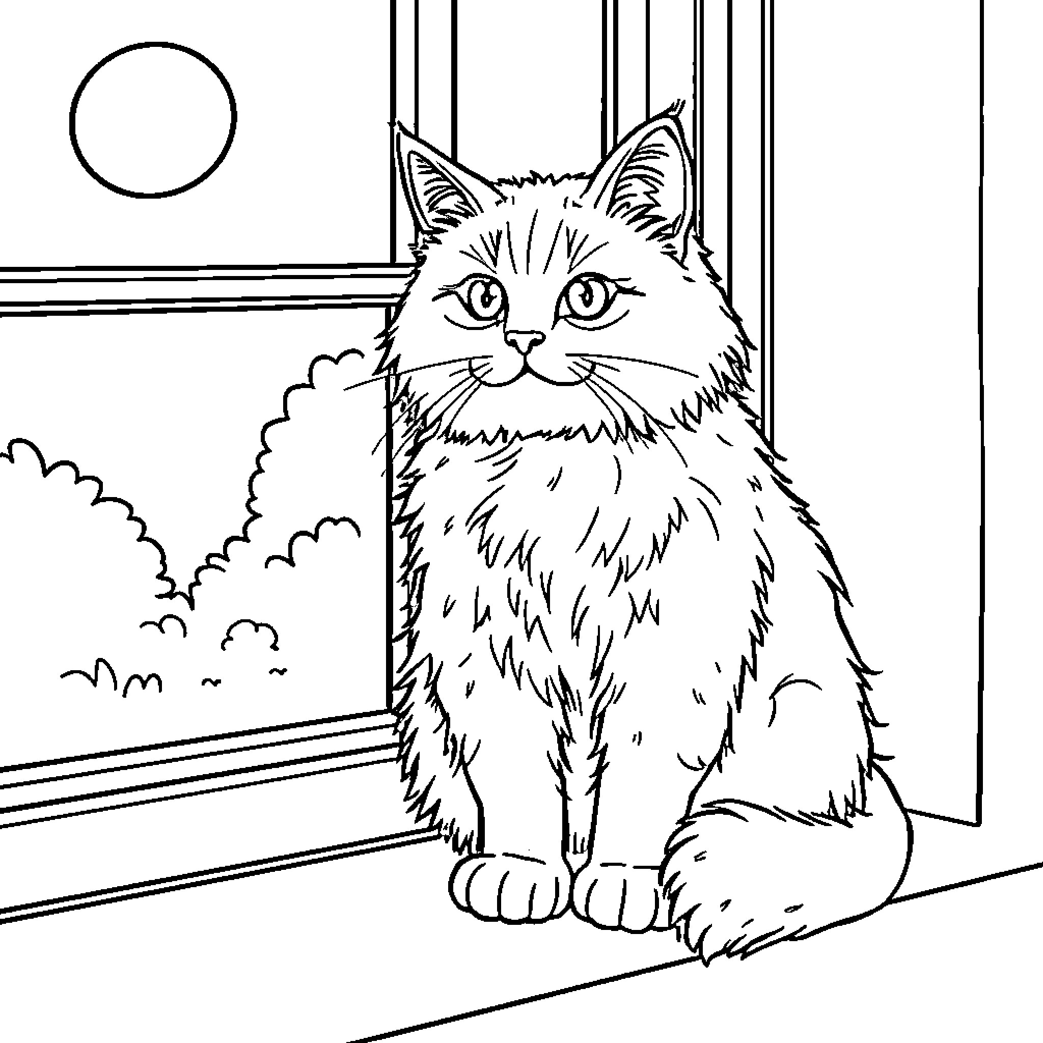 Cat gazing out the window Coloring Page (free black-and-white line drawing printable PDF for all, from beginners to advanced learners, including children, teens, adults, and seniors)