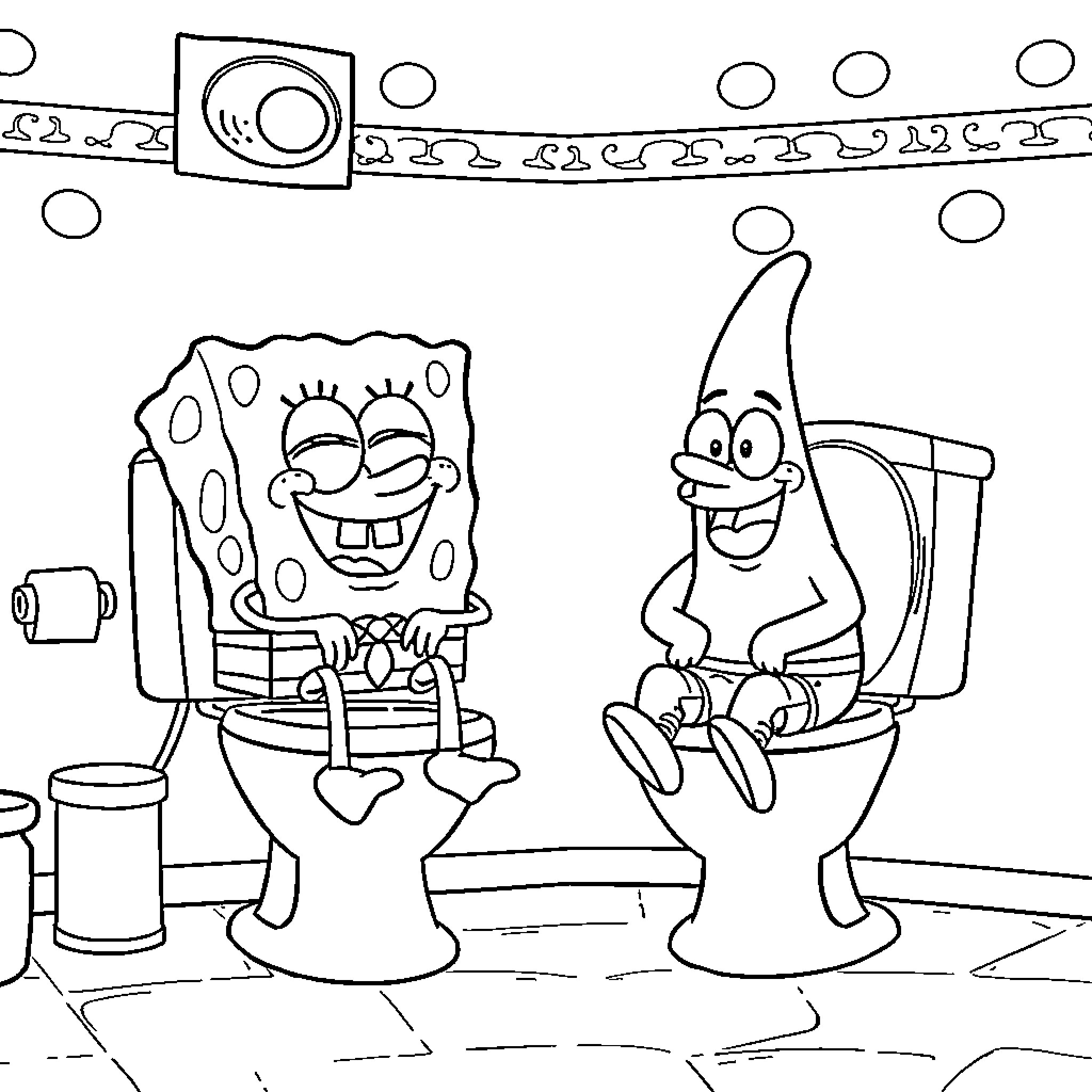 Spongebob and Patrick having a silly bathroom adventure Coloring Page (free black-and-white line drawing printable PDF for all, from beginners to advanced learners, including children, teens, adults, and seniors)