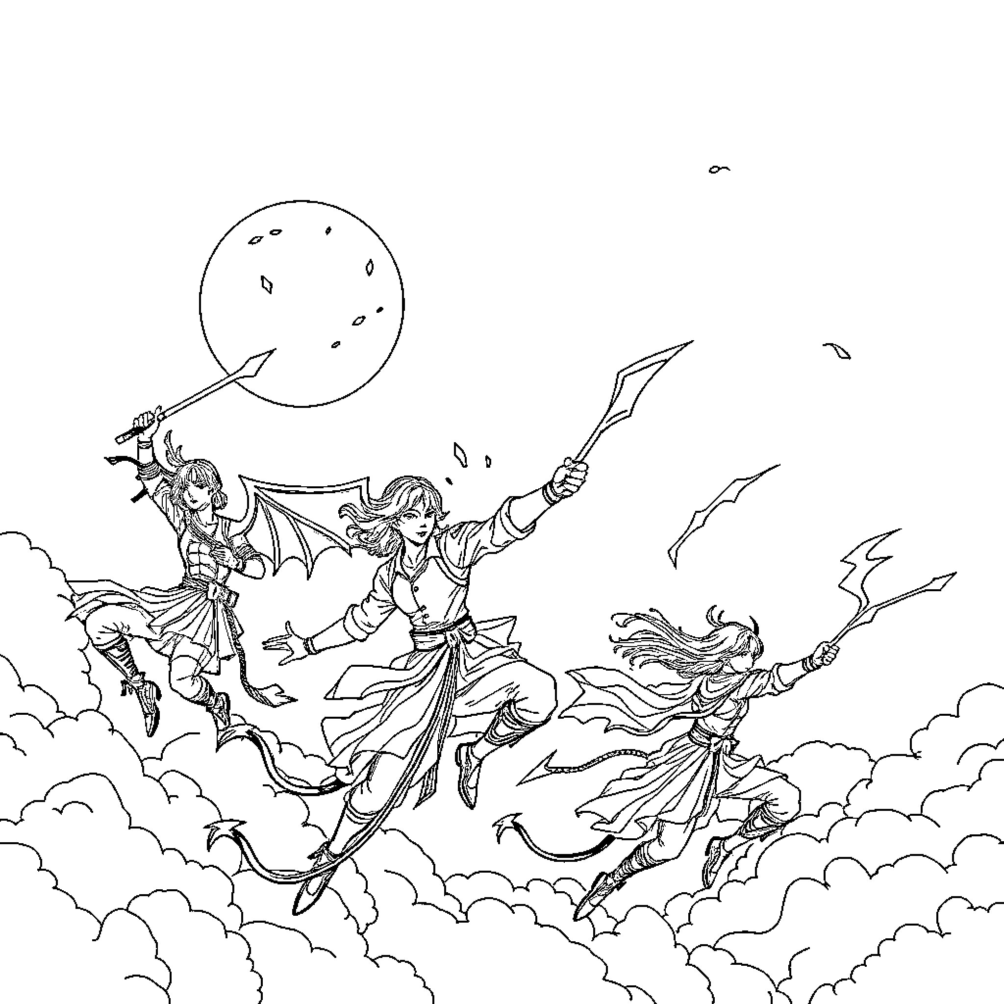 Demon Hunters Fighting Fierce Battles in the Skies Coloring Page (free black-and-white line drawing printable PDF for all, from beginners to advanced learners, including children, teens, adults, and seniors)
