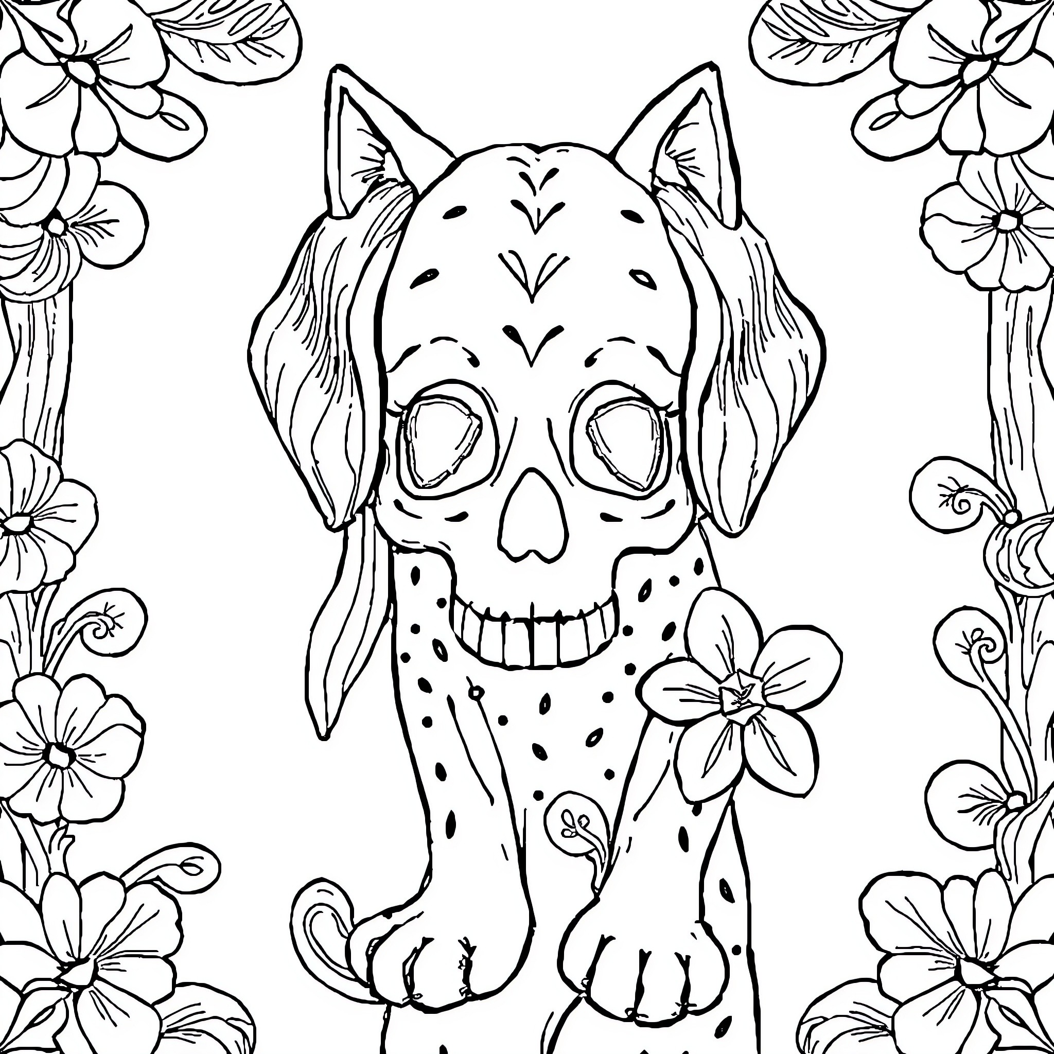 Photos of a skull-faced cat with floral surroundings Coloring Page (free black-and-white line drawing printable PDF for all, from beginners to advanced learners, including children, teens, adults, and seniors)