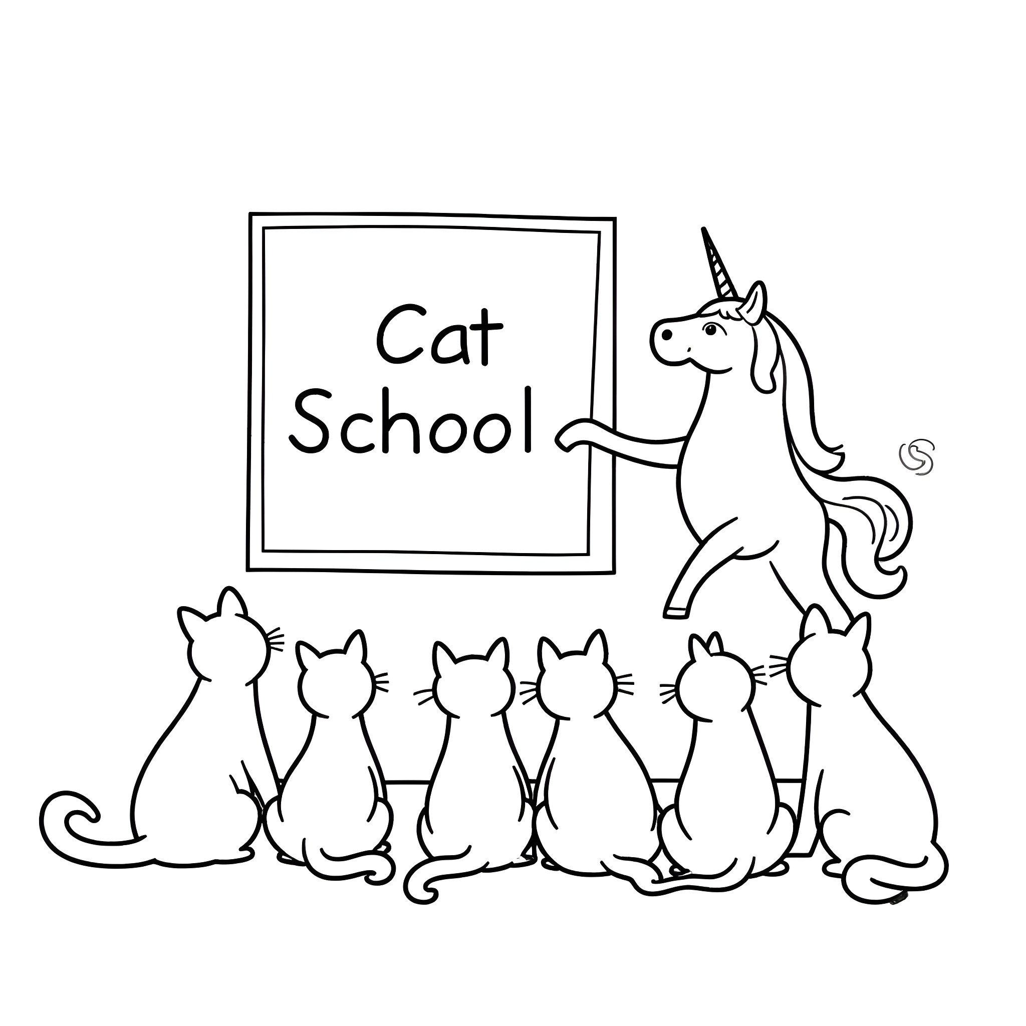 Cats learning at Cat School Coloring Page (free black-and-white line drawing printable PDF for all, from beginners to advanced learners, including children, teens, adults, and seniors)