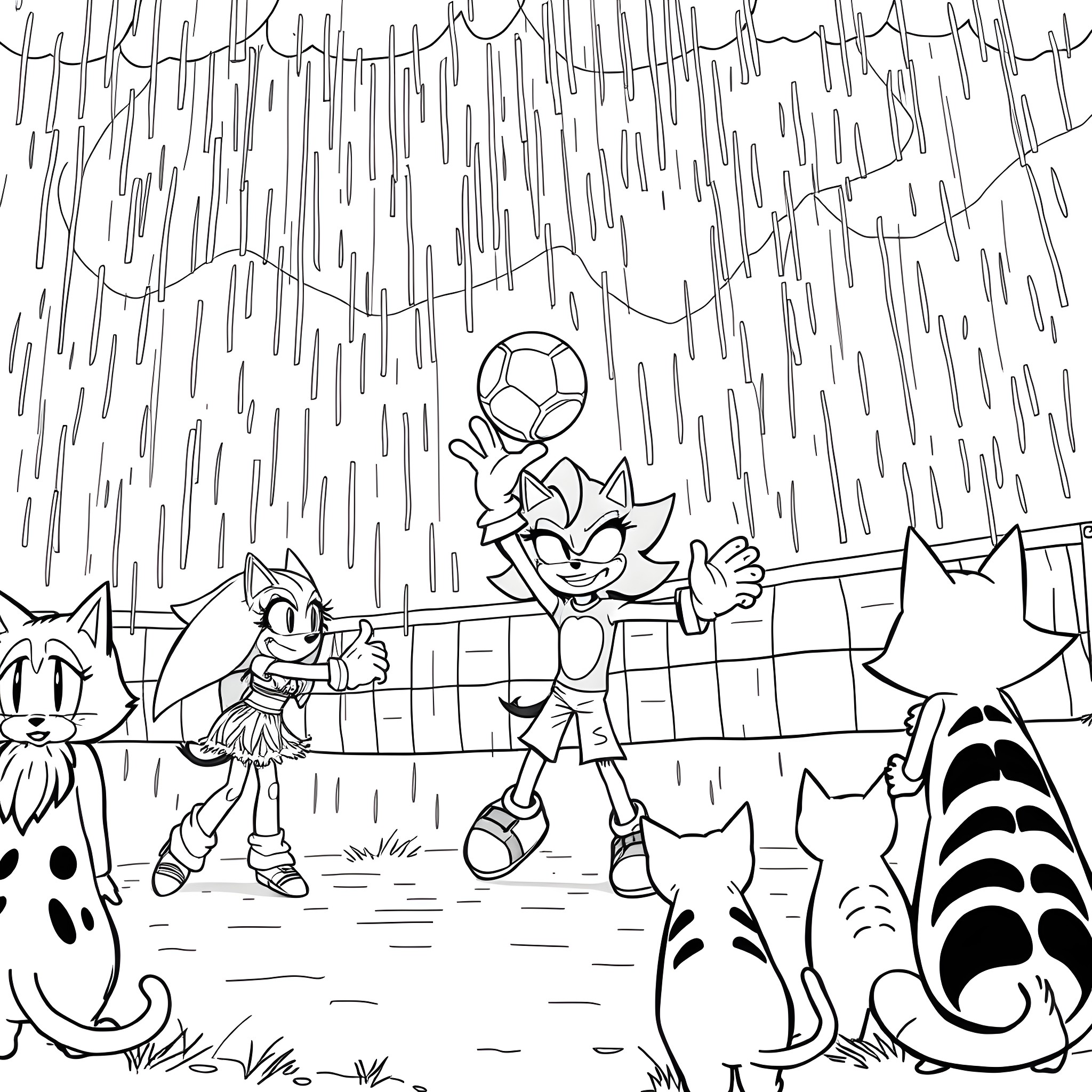 Moana enjoying rainy day with animal friends Coloring Page (free black-and-white line drawing printable PDF for all, from beginners to advanced learners, including children, teens, adults, and seniors)