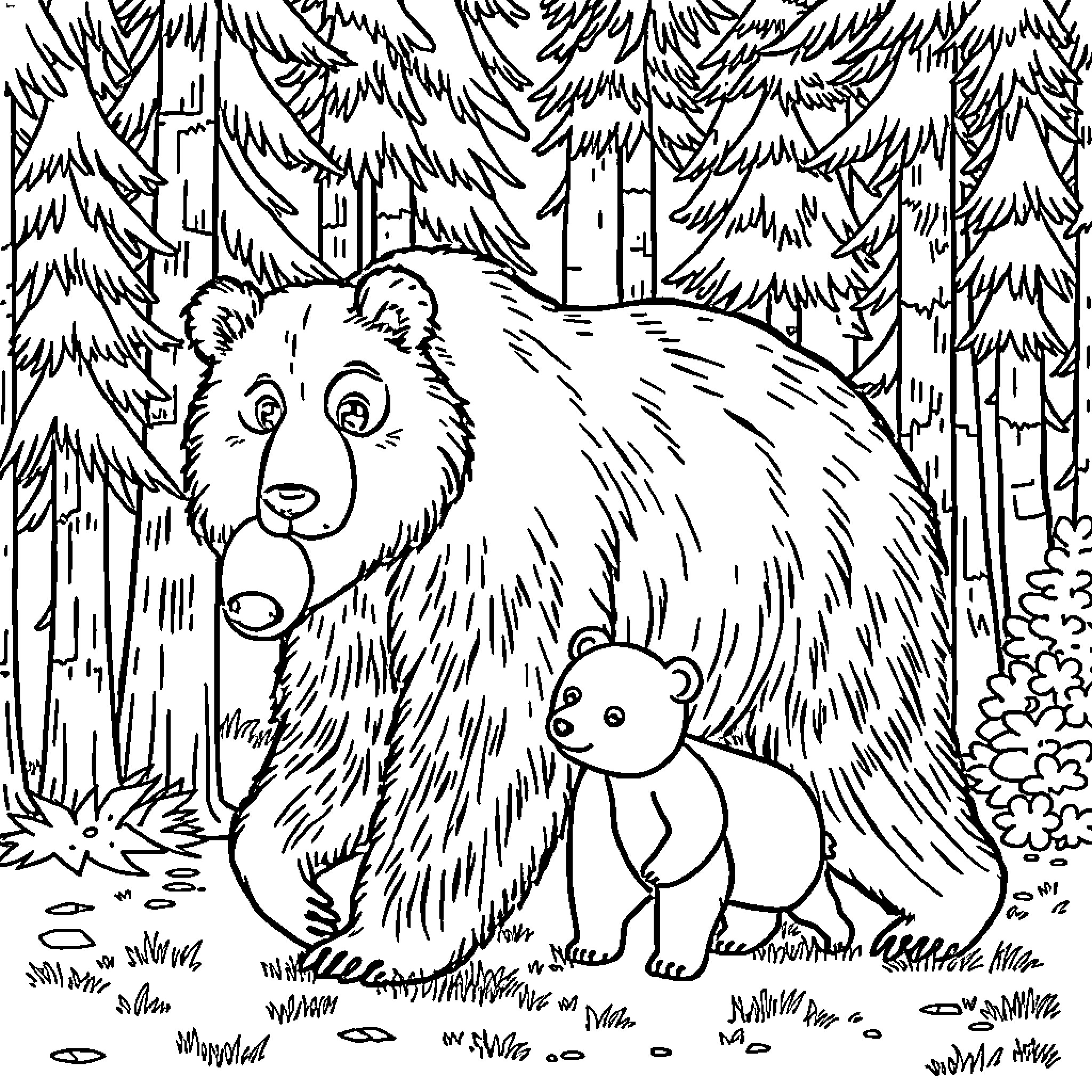 Bear and cub in the forest Coloring Page (free black-and-white line drawing printable PDF for all, from beginners to advanced learners, including children, teens, adults, and seniors)