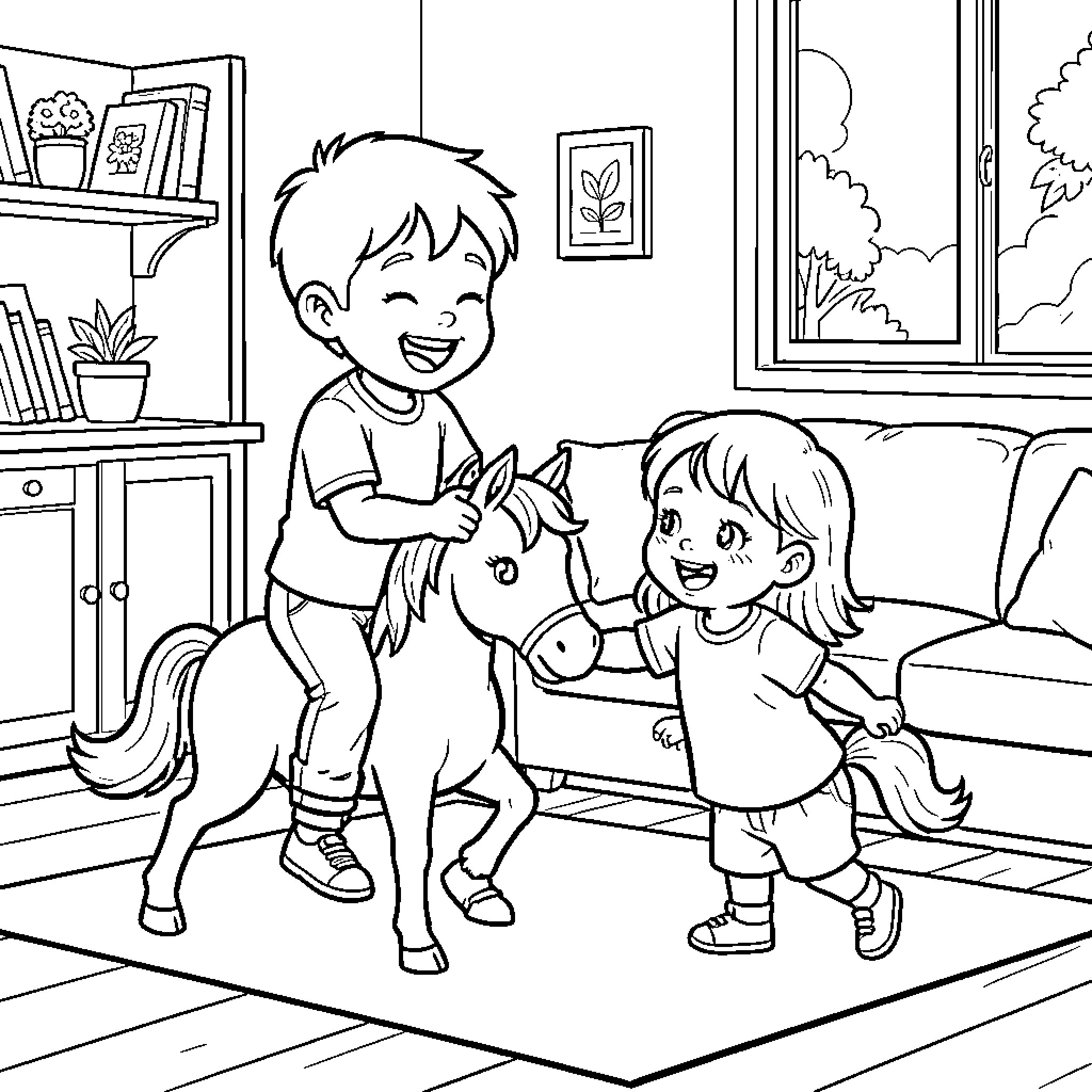 Boy and girl playing with a toy pony in their room Coloring Page (free black-and-white line drawing printable PDF for all, from beginners to advanced learners, including children, teens, adults, and seniors)
