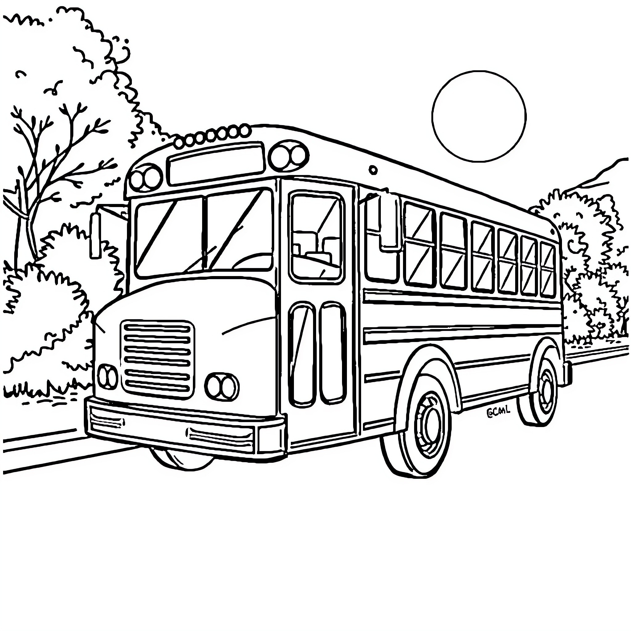 Bus traveling on a scenic country road Coloring Page (free black-and-white line drawing printable PDF for all, from beginners to advanced learners, including children, teens, adults, and seniors)