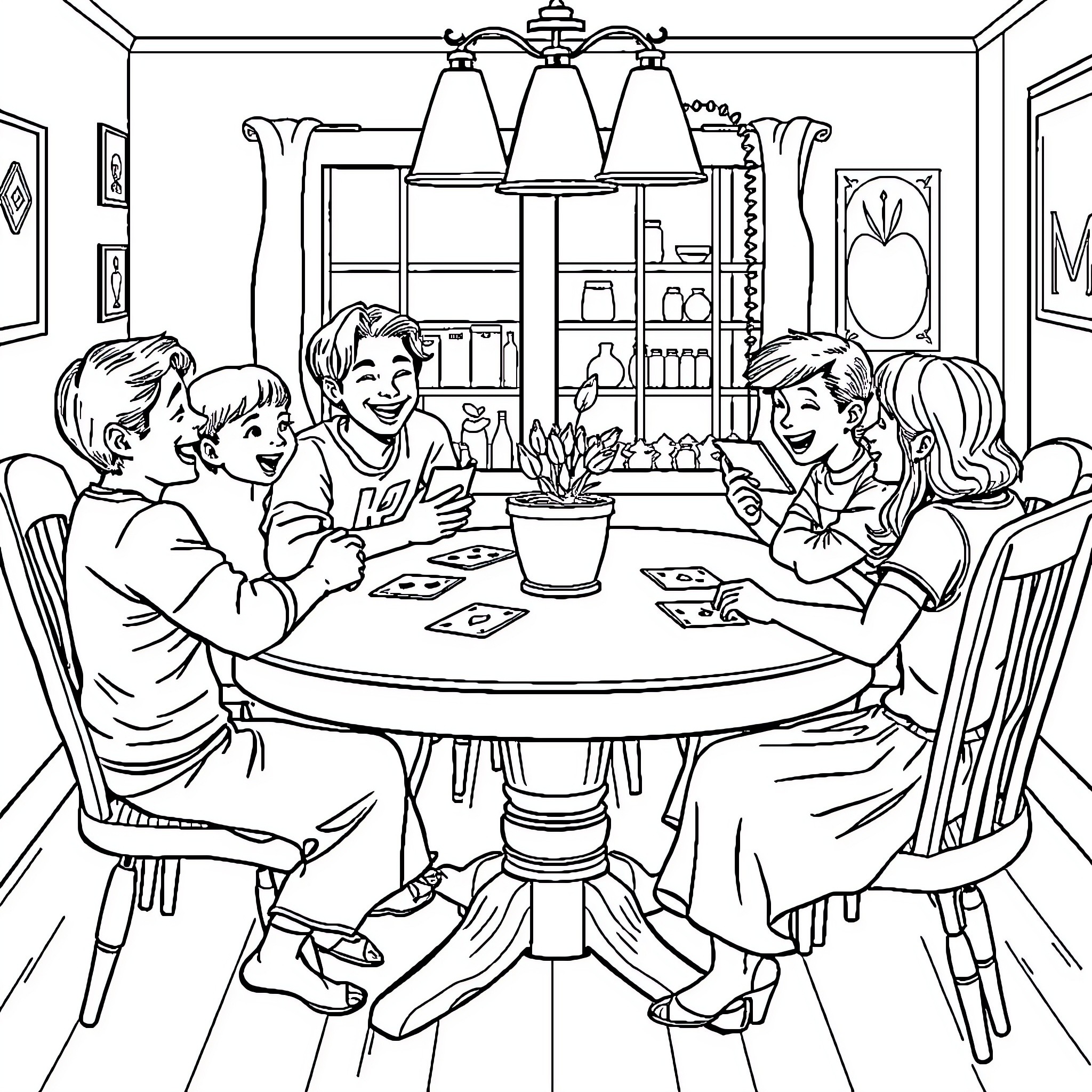 Family Gathering Around Dining Table in Cozy Home Coloring Page (free black-and-white line drawing printable PDF for all, from beginners to advanced learners, including children, teens, adults, and seniors)
