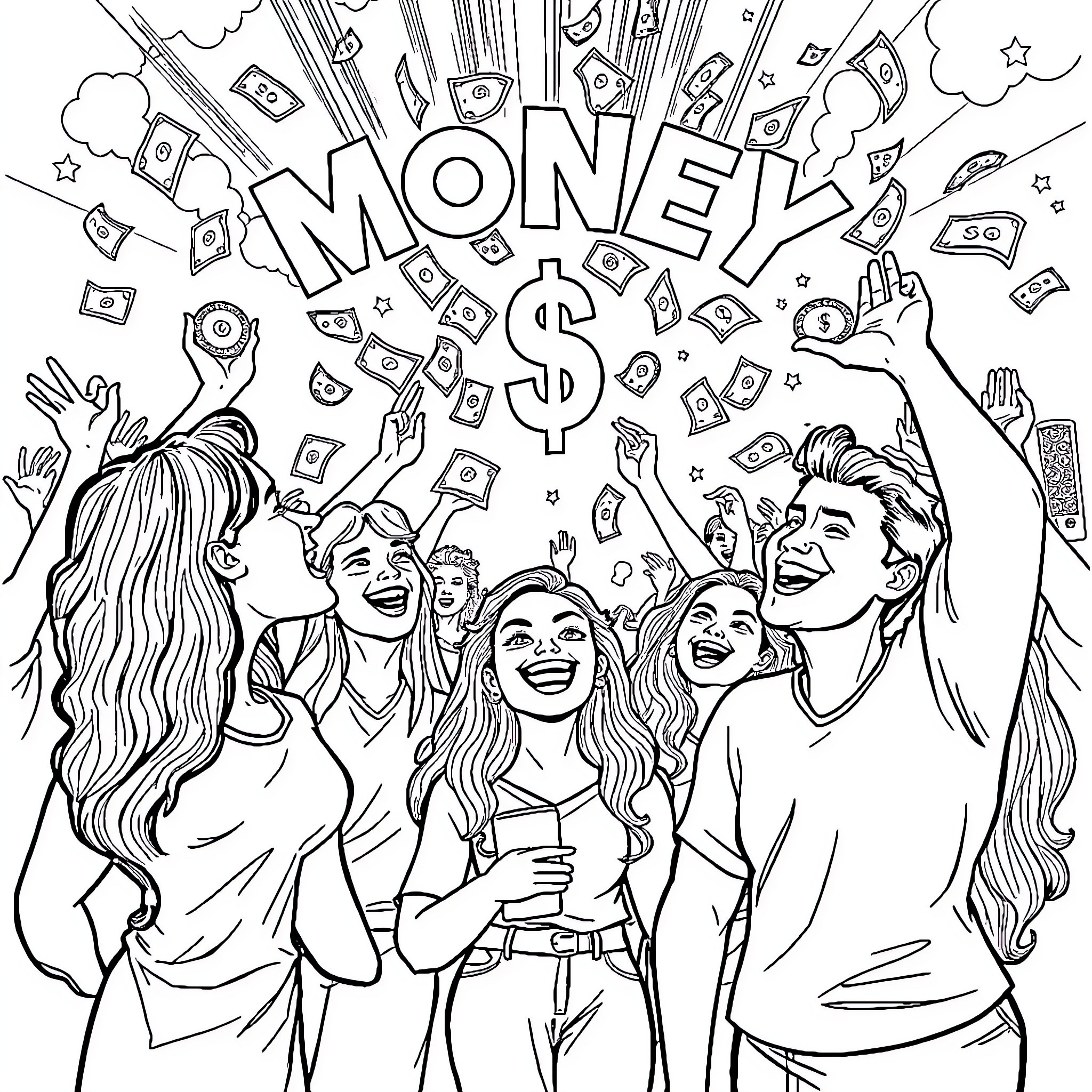 Money Raining Down on Excited People Coloring Page (free black-and-white line drawing printable PDF for all, from beginners to advanced learners, including children, teens, adults, and seniors)