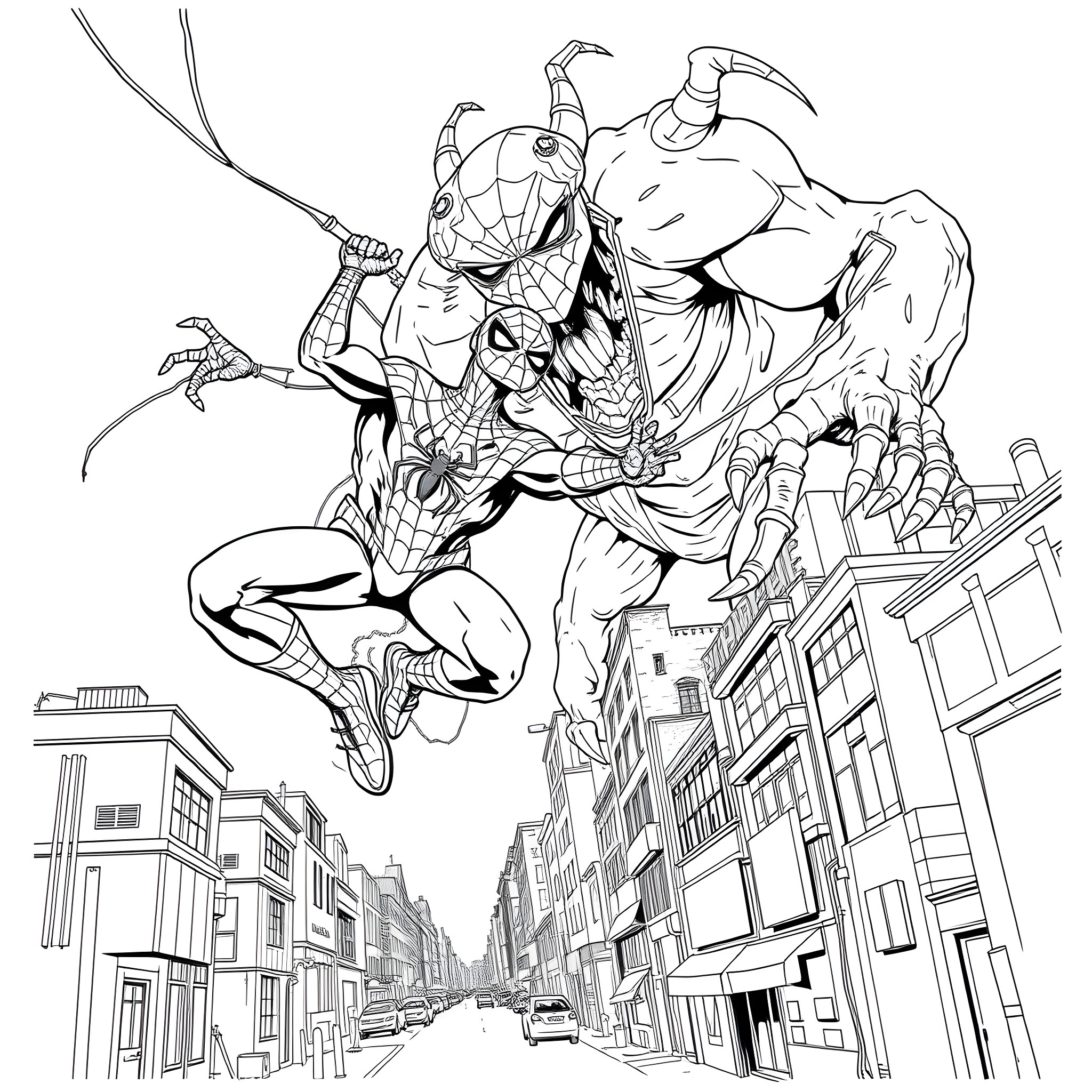 Spiderman swinging through the city, taking down a giant enemy Coloring Page (free black-and-white line drawing printable PDF for all, from beginners to advanced learners, including children, teens, adults, and seniors)