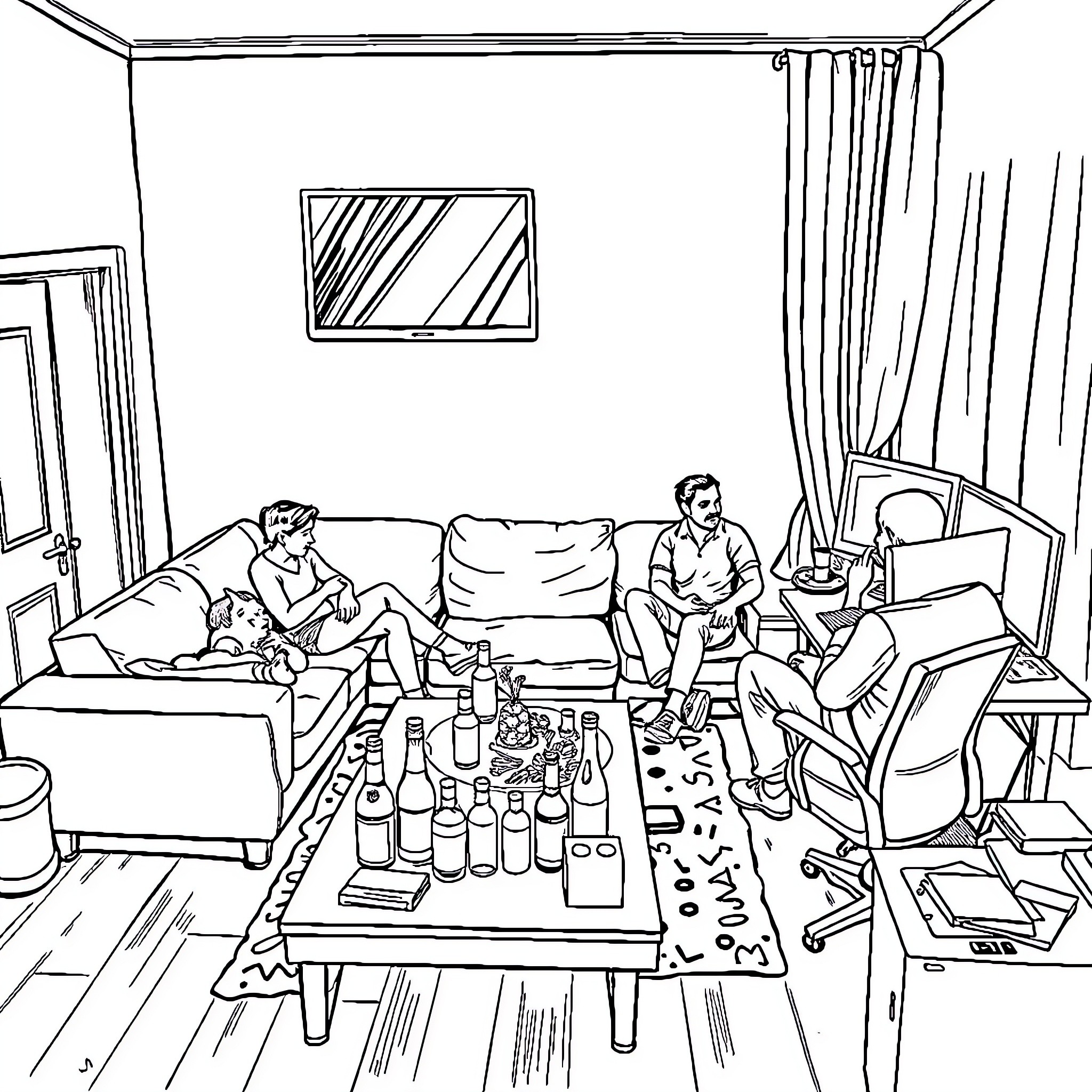 Living Room with Friends Enjoying Drinks Coloring Page (free black-and-white line drawing printable PDF for all, from beginners to advanced learners, including children, teens, adults, and seniors)