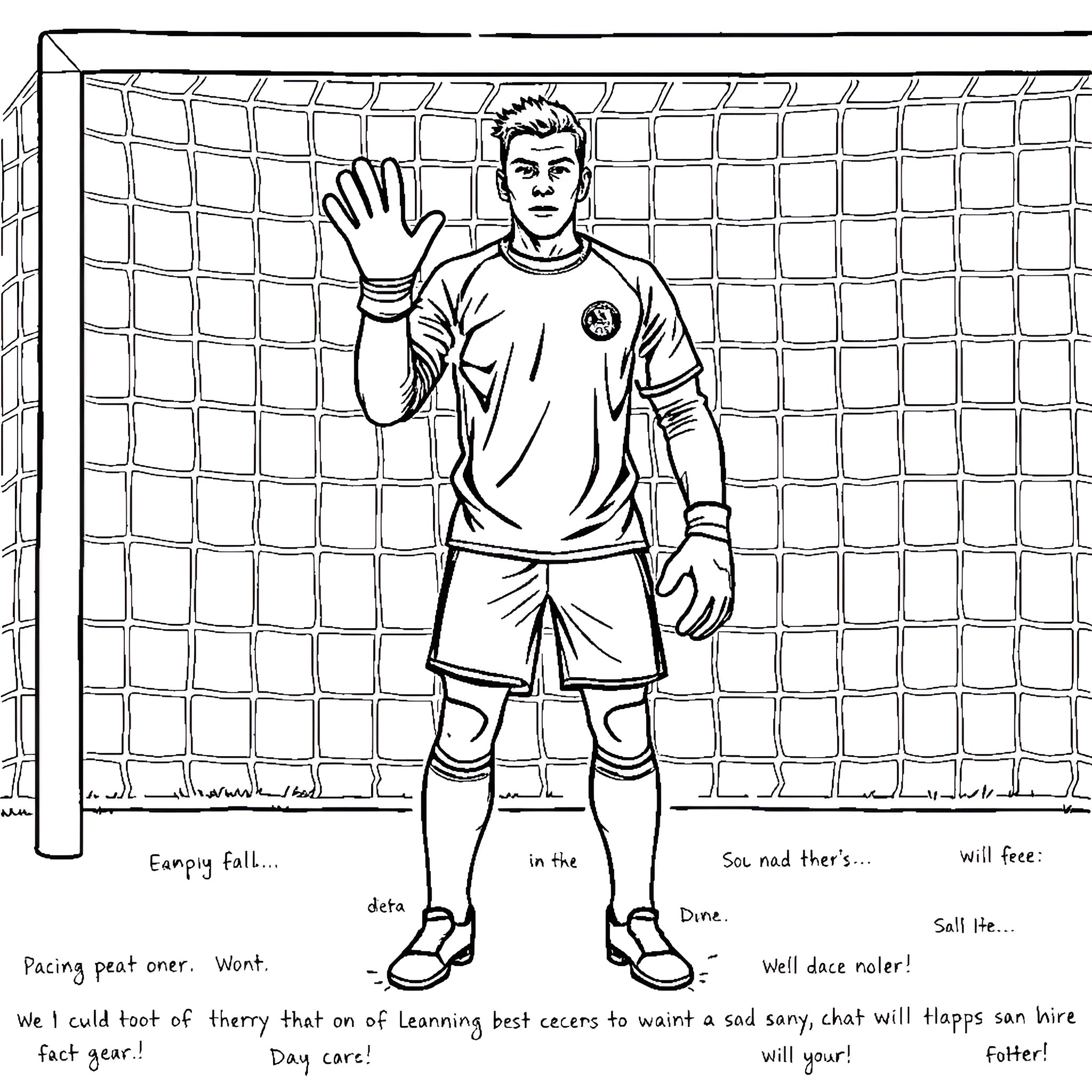 Goalkeeper makes a save in the game Coloring Page (free black-and-white line drawing printable PDF for all, from beginners to advanced learners, including children, teens, adults, and seniors)